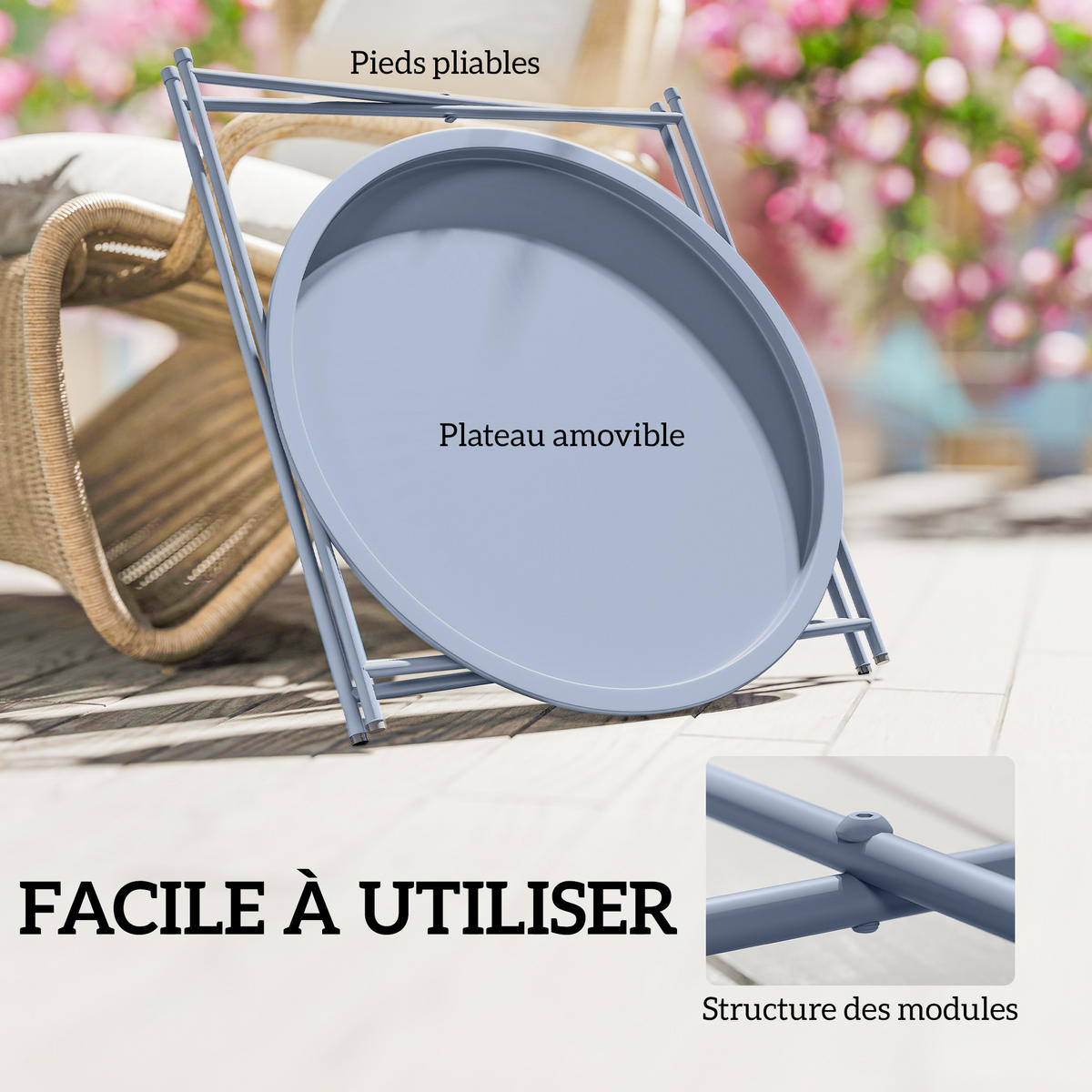GARTENBEISTELLTISCH DE-14208 klappbar, abnehmbare Platte, Ø46x53 cm Blaugrau - Blau, Metall (46/46/50cm) - ComfortXL