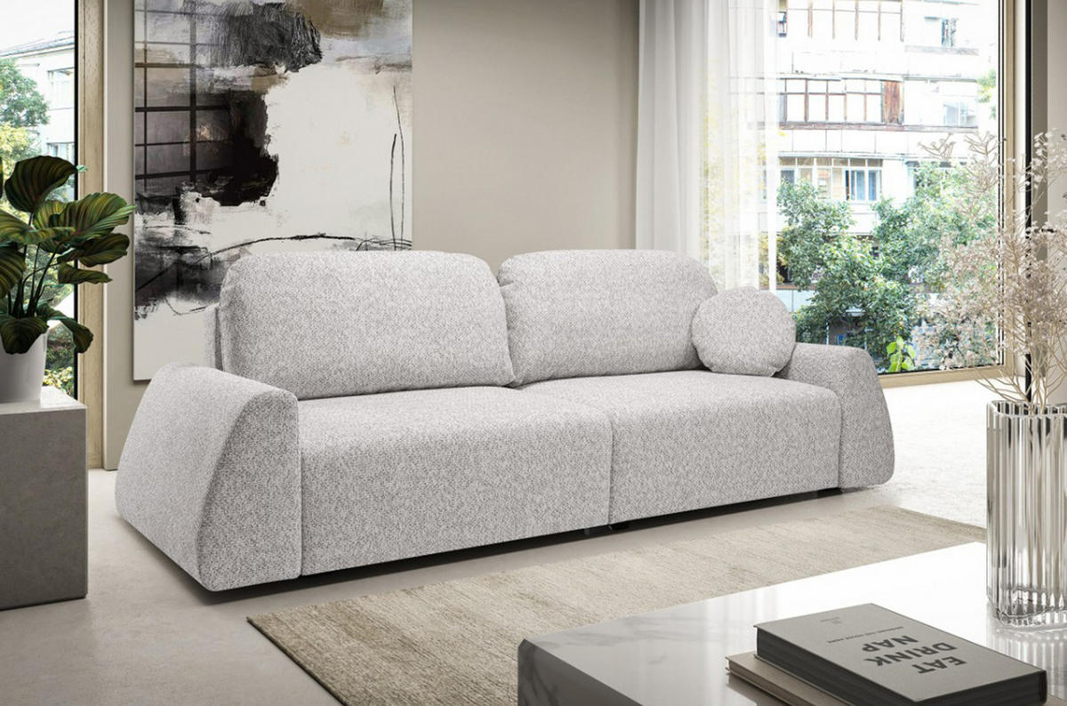 SCHLAFSOFA Moderne ALMI mit Schlaffunktion – 3-Sitzer Sofa mit Bettkasten, DL-Automat, 2 Rückenkissen, 260x100x80 cm, Esche - Hellgrau, Holz/Textil (260/80/100cm) - DomoHome