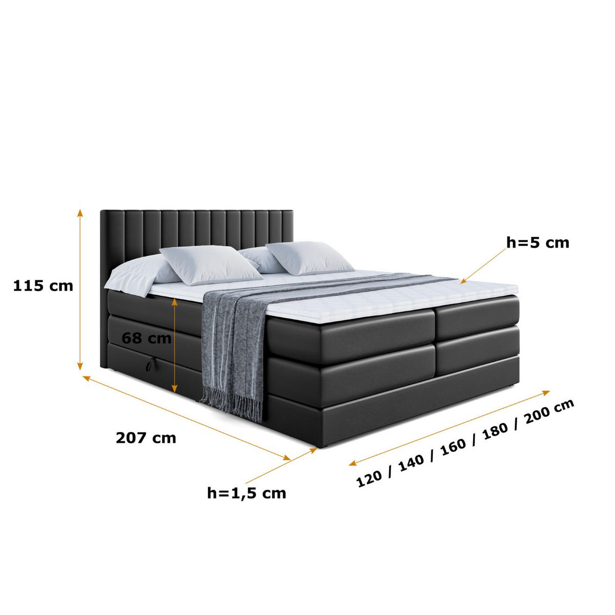 BOXSPRINGBETT EDITA KING - 120x200 - H3/H4 - Schwarz Hochglanz - Schwarz Hochglanz, Holzwerkstoff (120/200cm) - ALTDECOR