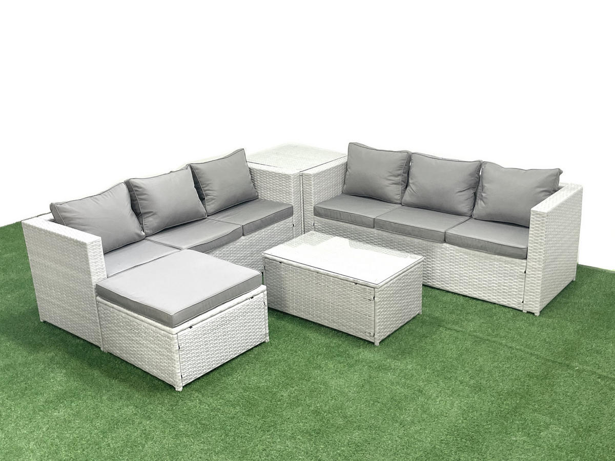 GARTENGARNITUR mit 3-SITZER SOFA,COUCHTISCH Polyrattan Hellgrau-Mix 7-Sitzer - Hellgrau/Grau, Glas/Kunststoff - Fimous