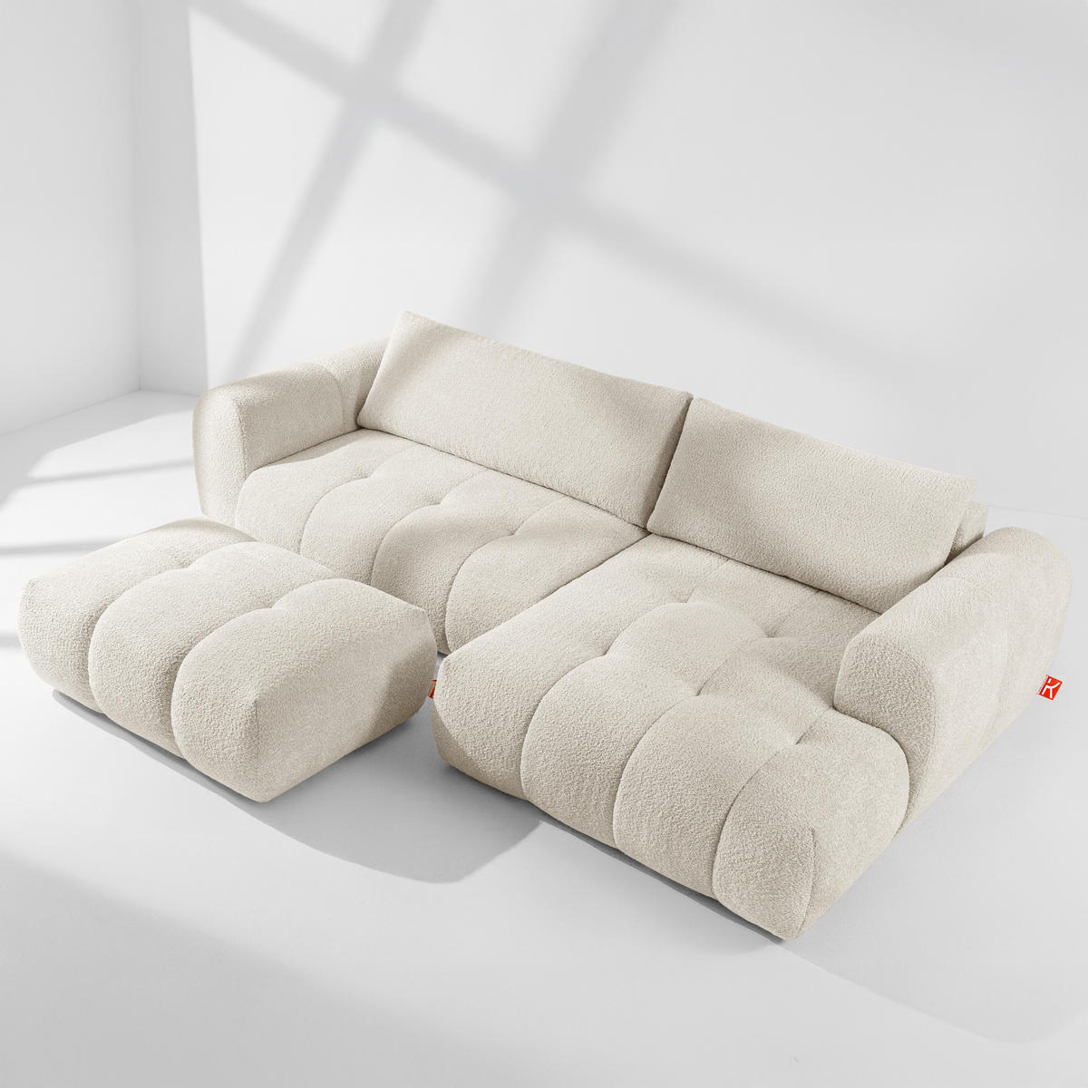 ECKSOFA MIT HOCKER LIRA, Weiß, Bouclé - Weiß, Holz/Holzwerkstoff (96/50cm) - KONSIMO®