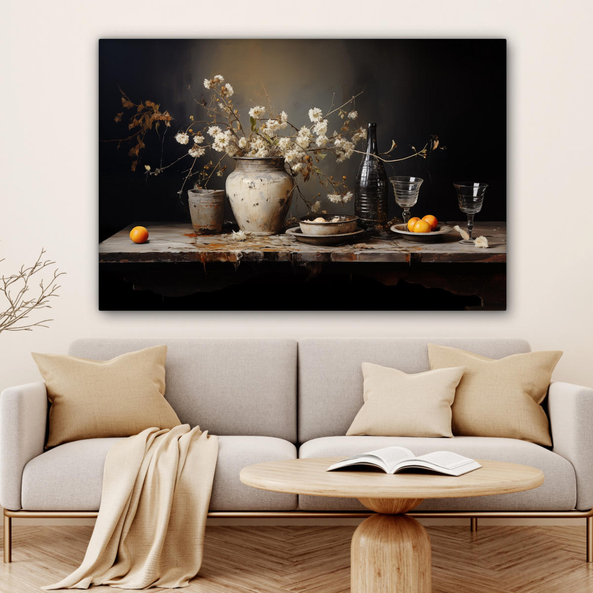 LEINWANDBILD Stilleben - Blumen - Blumenstrauß - Vase - Wein Groß 140x90 cm - Schwarz, Textil (140/90cm) - MuchoWow