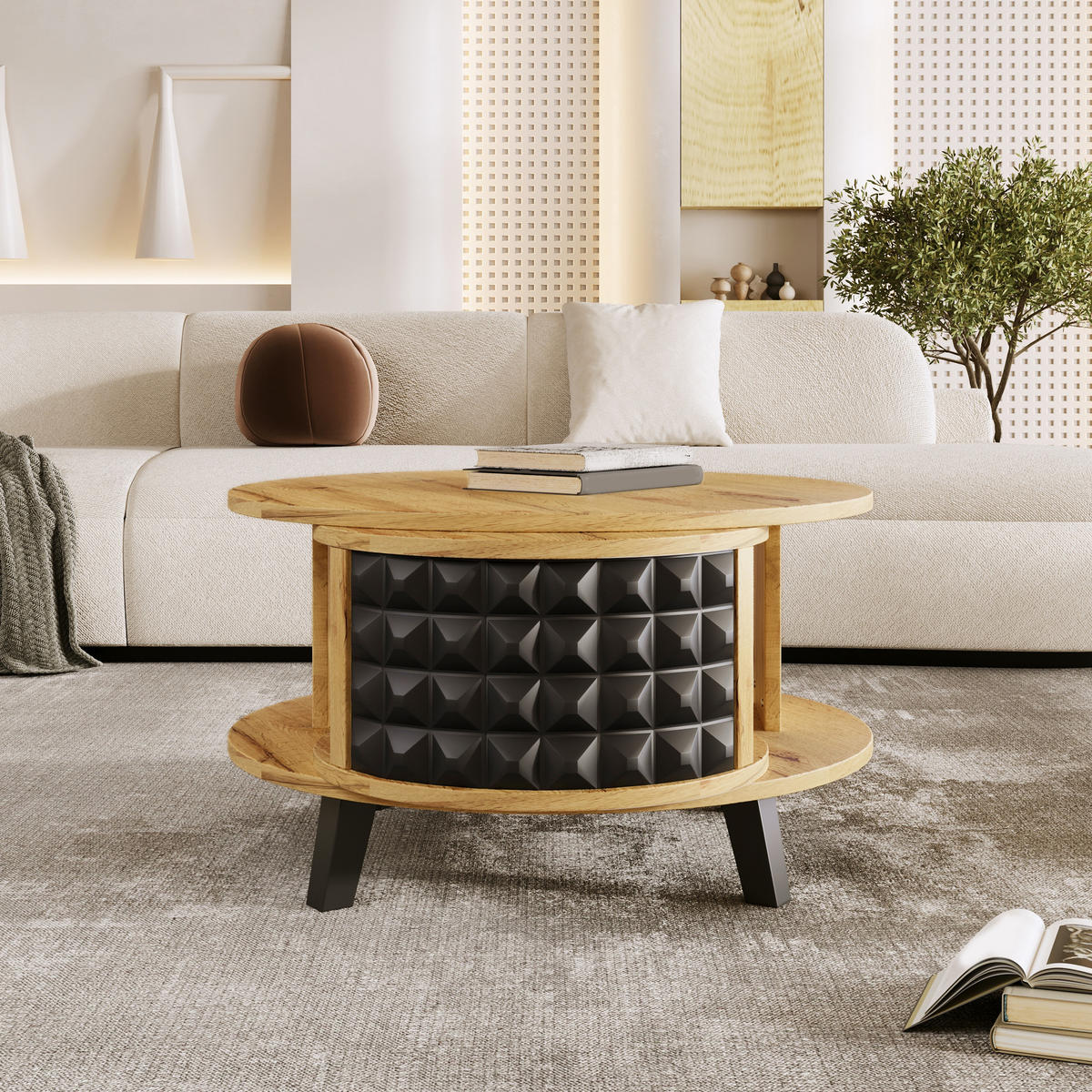 COUCHTISCH in Naturfarben mit versteckter Ablage und Drehtisch für Wohnzimmer, B85,2/T80/H45,2 cm - Schwarz/Naturfarben, Holzwerkstoff (80/85.2/45.2cm) - STILVORA