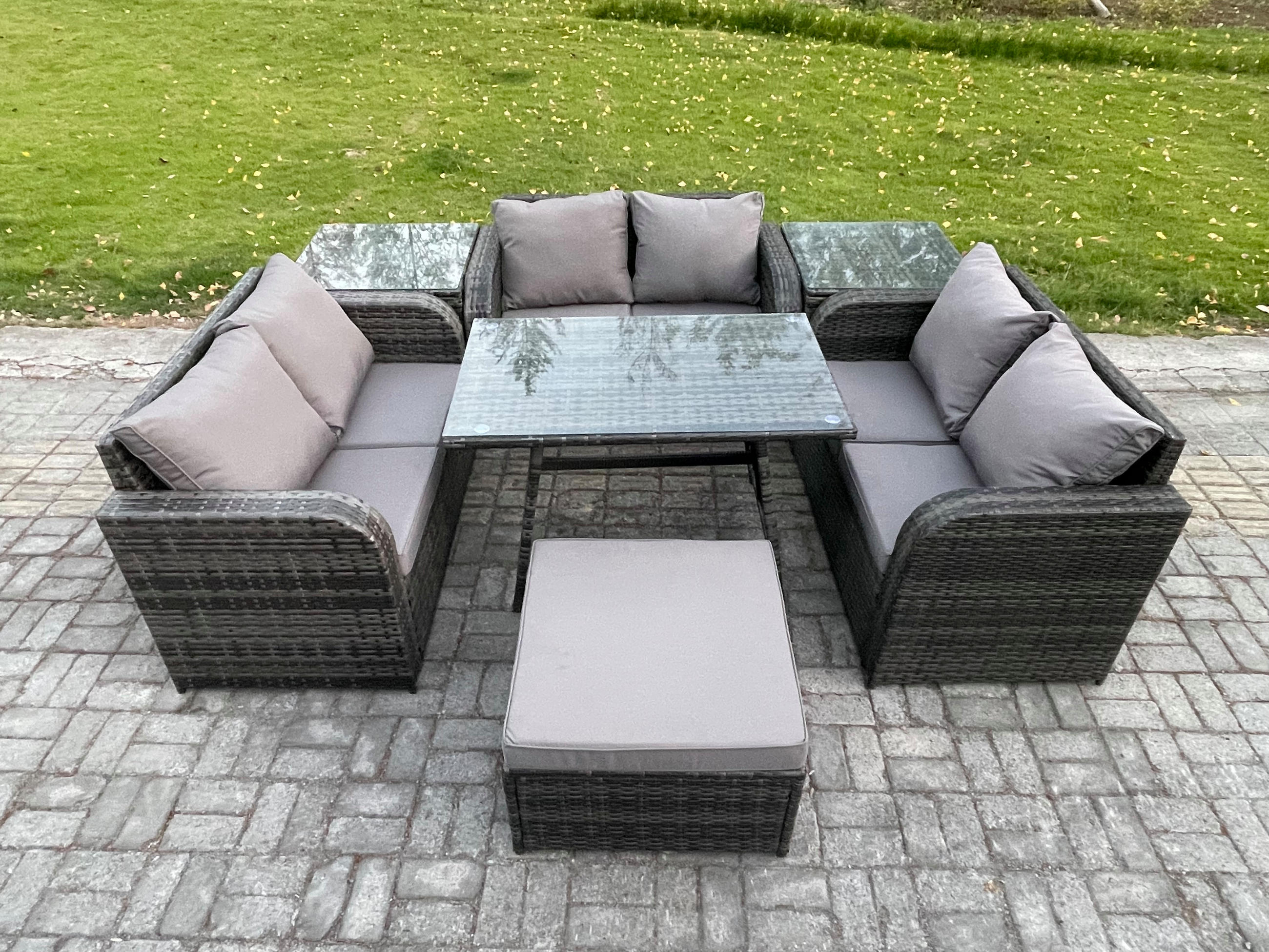 GARTENMÖBELSET mit ESSTISCH,SOFA Polyrattan 7-Sitzer - Dunkelgrau/Grau, Glas/Kunststoff - Fimous