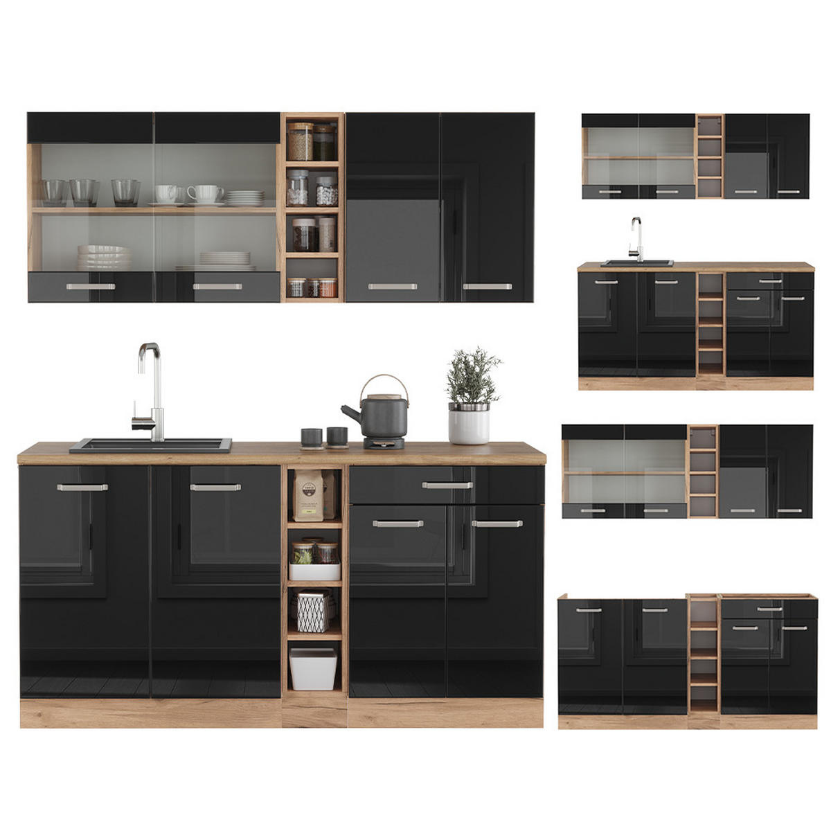 SINGLEKÜCHE R-Line Schwarz Hochglanz/Goldkraft Eiche 160 cm, AP Eiche - Schwarz Hochglanz/Eiche Wotan, Holzwerkstoff (160/81.6/60cm) - Vicco