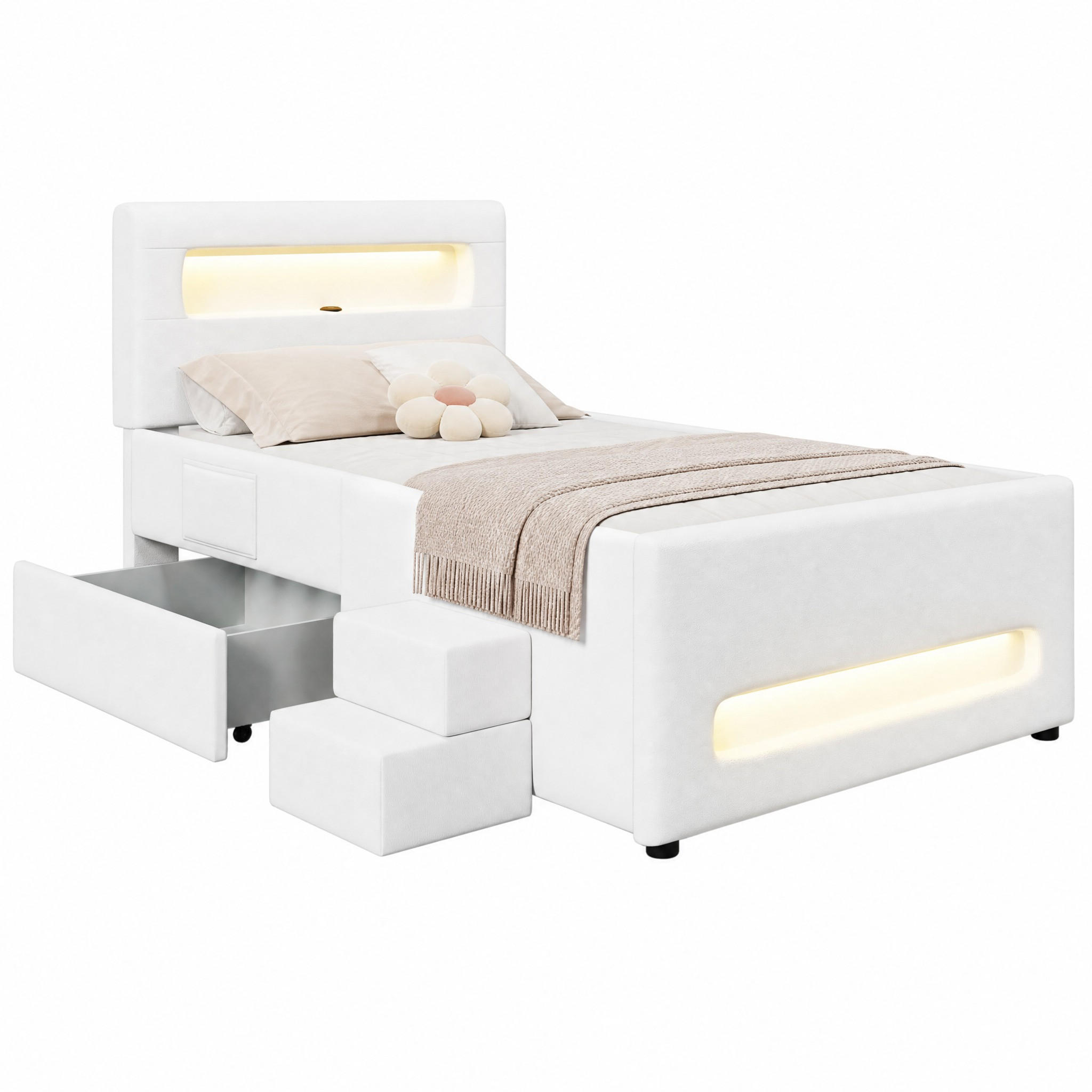 BETT mit Treppe, Schublade und LED 90x200 cm PU Weiß - Weiß, Holz (90/200cm) - Meubliv