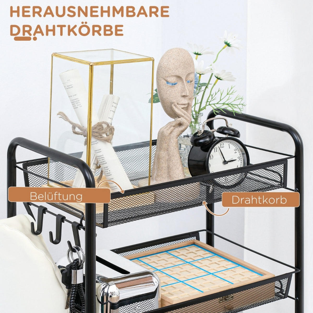 KÜCHENWOLLWAGEN 45x26.5x106cm Schwarz aus Stahl mit 5 Regalen, abnehmbaren Körben & 4 Rollen - Schwarz, Metall (26.5/106/45cm) - Modfu