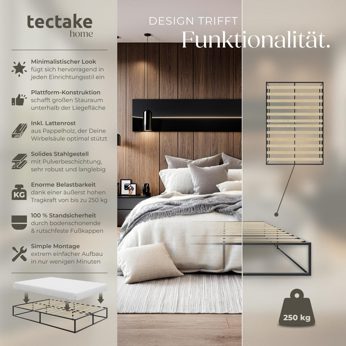 BETT Kyoto,Belastbarkeit 250 kg, bodenschonende Kunststoffkappen,schwarz - Schwarz, Metall - tectake
