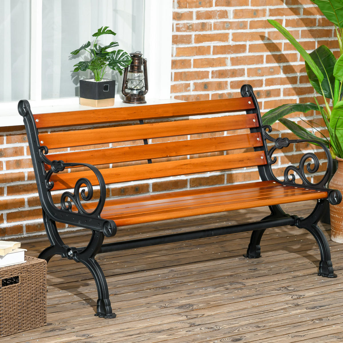 GARTENBANK, für 2 Personen, mit Armlehnen, für Garten, Balkon, wetterfest, Holz, Teak - Teakfarben, Holz/Metall (64/79/120cm) - Outsunny