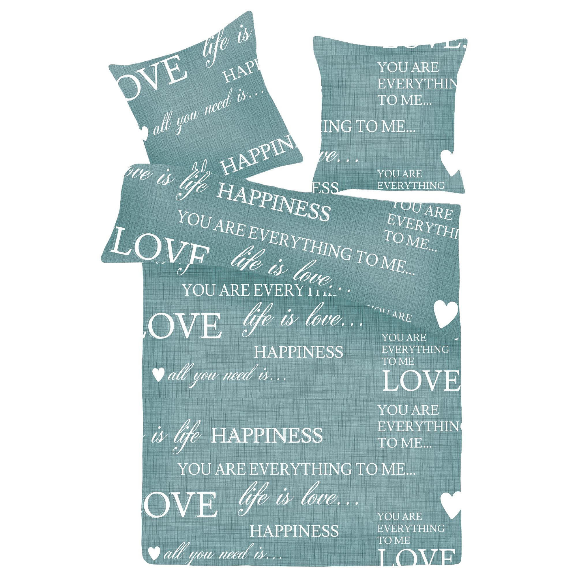 BETTWÄSCHE Baumwolle 2-teilig 135x200/80x80cm Love Happiness - Türkis, Textil (135/200cm) - Bestlivings