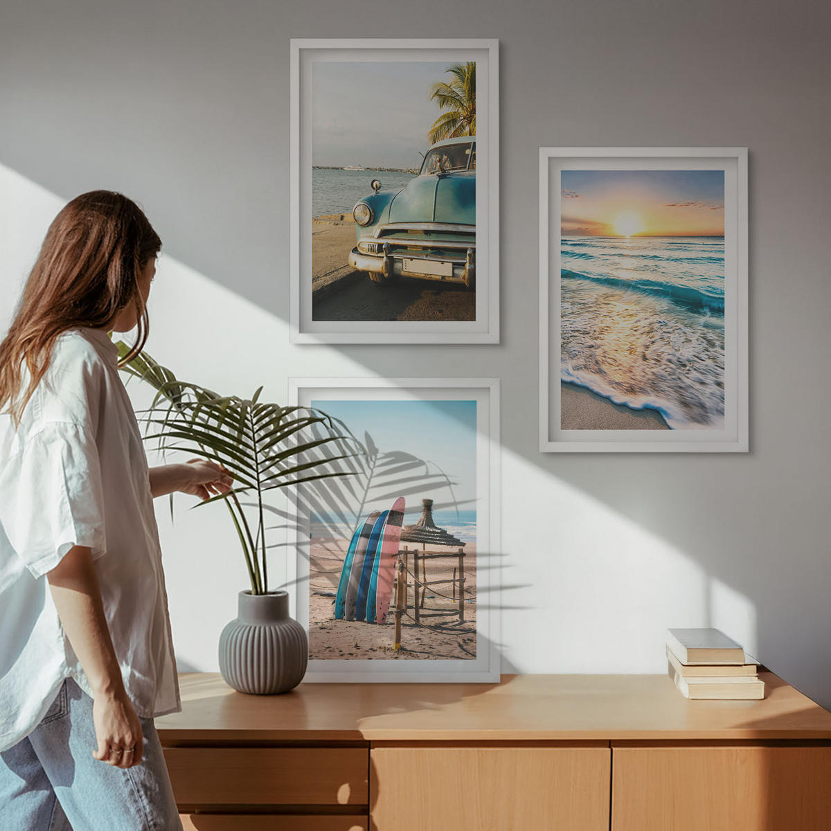 BILDER SET 3er Set - 40x60 cm Weißer Rahmen - Sonnenuntergangsurlaub in Miami - Weiß, Kunststoff (40/60cm) - TULUP