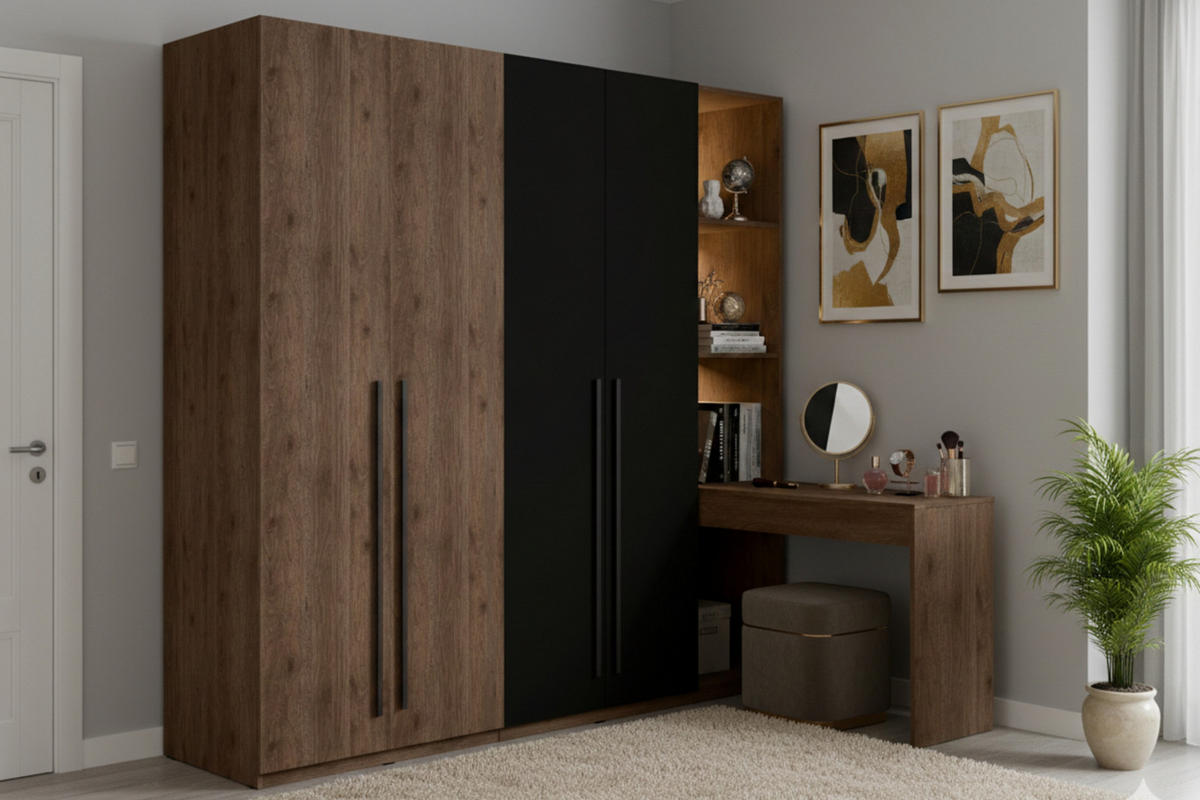 KLEIDERSCHRANK VASSA 226 / 220 / 146 cm in Schwarz / Nussbaum mit Schminktisch - Nussbaumfarben/Schwarz, Holzwerkstoff (226/146/221cm) - Deine Möbel 24