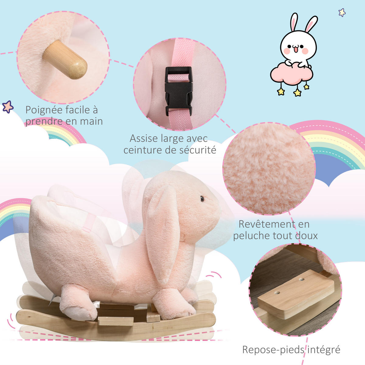 SCHAUKELPFERD DE-18233 mit Soundfunktion & Sicherheitsgurt Rosa - Pink, Holz (33/50/60cm) - ComfortXL