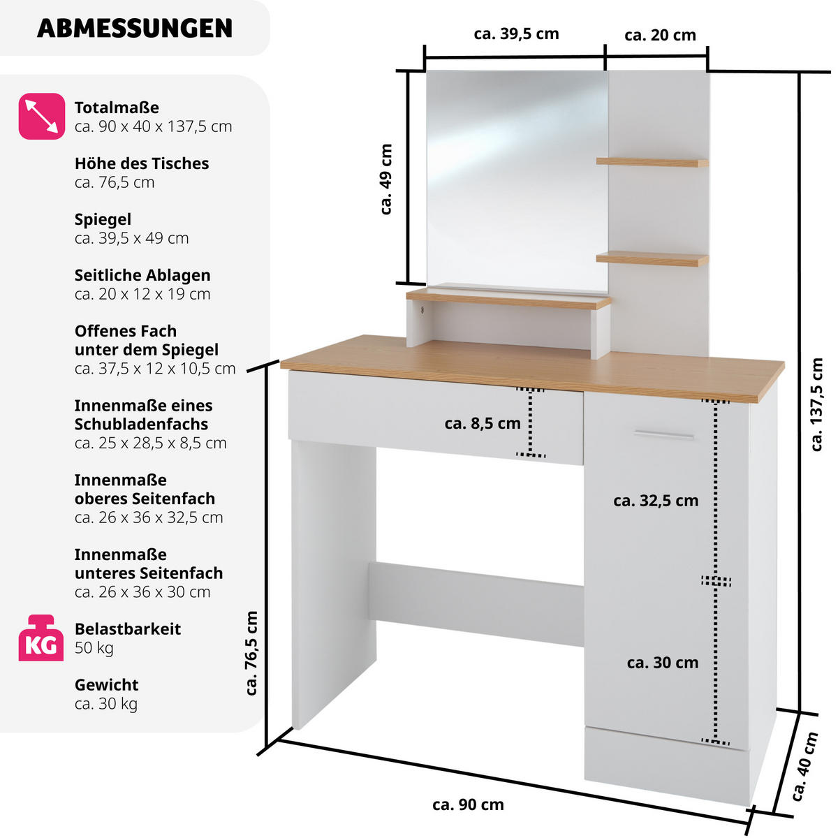 SCHMINKTISCH Zoe,90 x 40 x 137,5 cm,weiß/buche - Weiß/Honig, Holzwerkstoff (40/138.5/90cm) - tectake