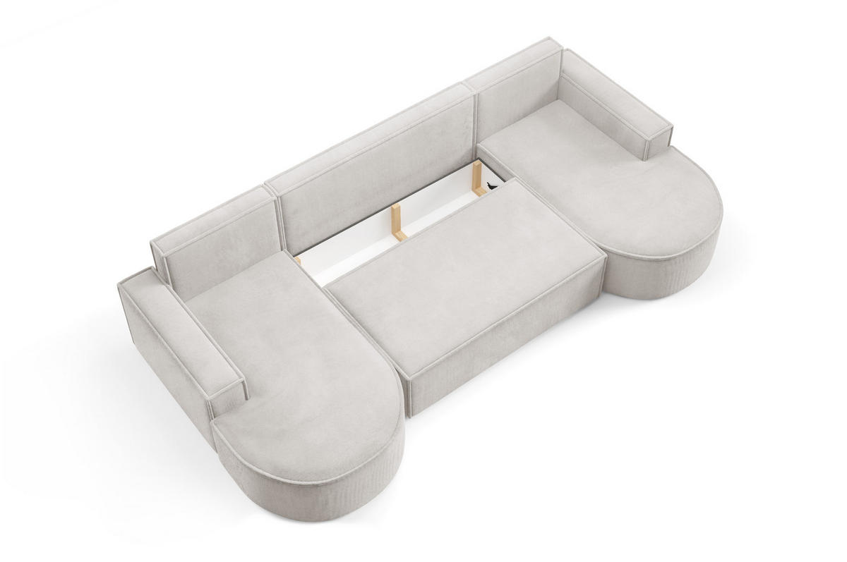 ECKSOFA MOLLY U Freistehendes, mit Schlaffunktion, 140x273cm, Bettkasten und Abnehmbaren Kissen – 316x157x88cm, Curio Stoff, Weiß - Creme, Holz/Textil (316/157cm) - DomoHome