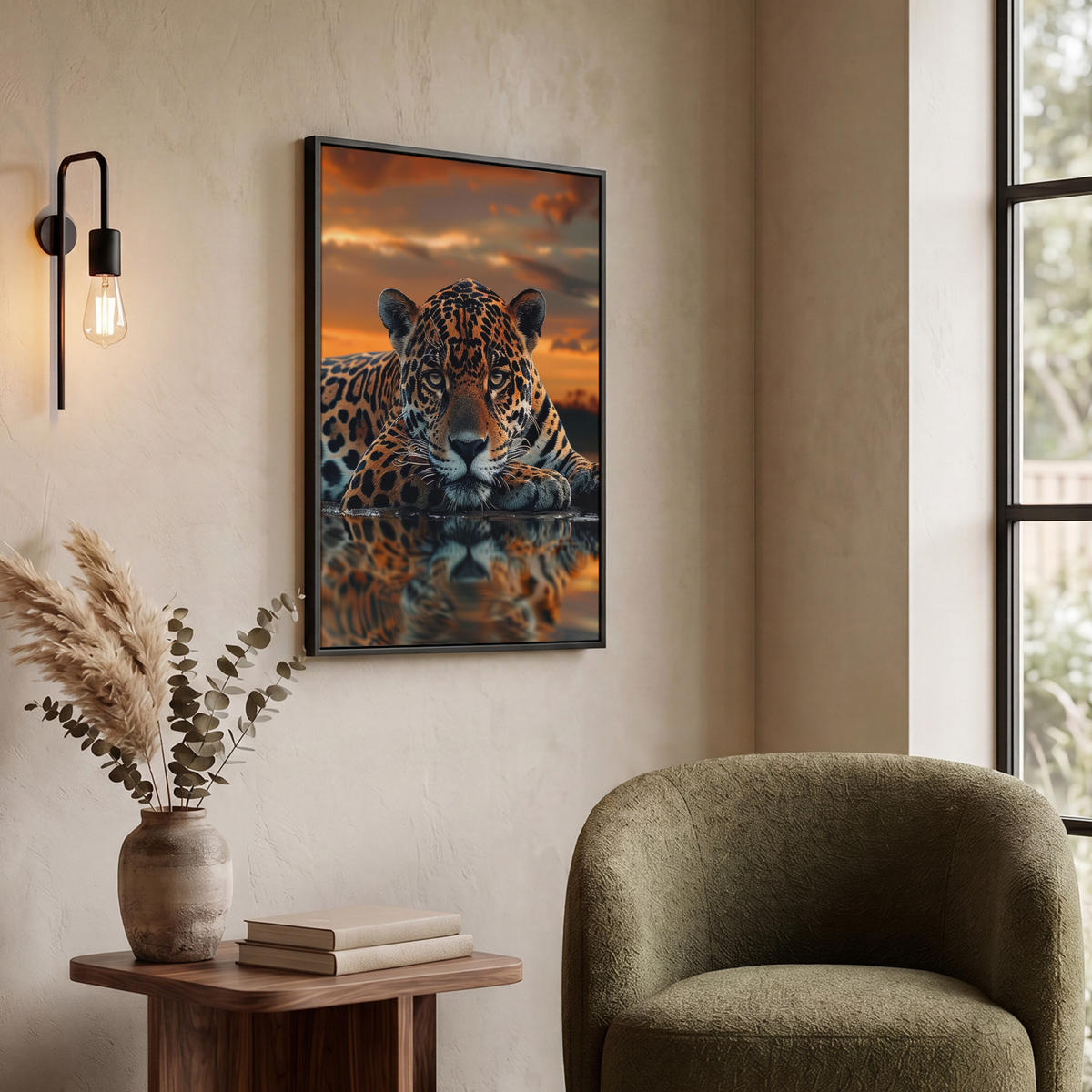 LEINWAND Bilder mit Rahmen - Natur - Leopard - Tier - Sonnenuntergang - Modern - 50x70 - Orange, Textil (50/70cm) - MuchoWow