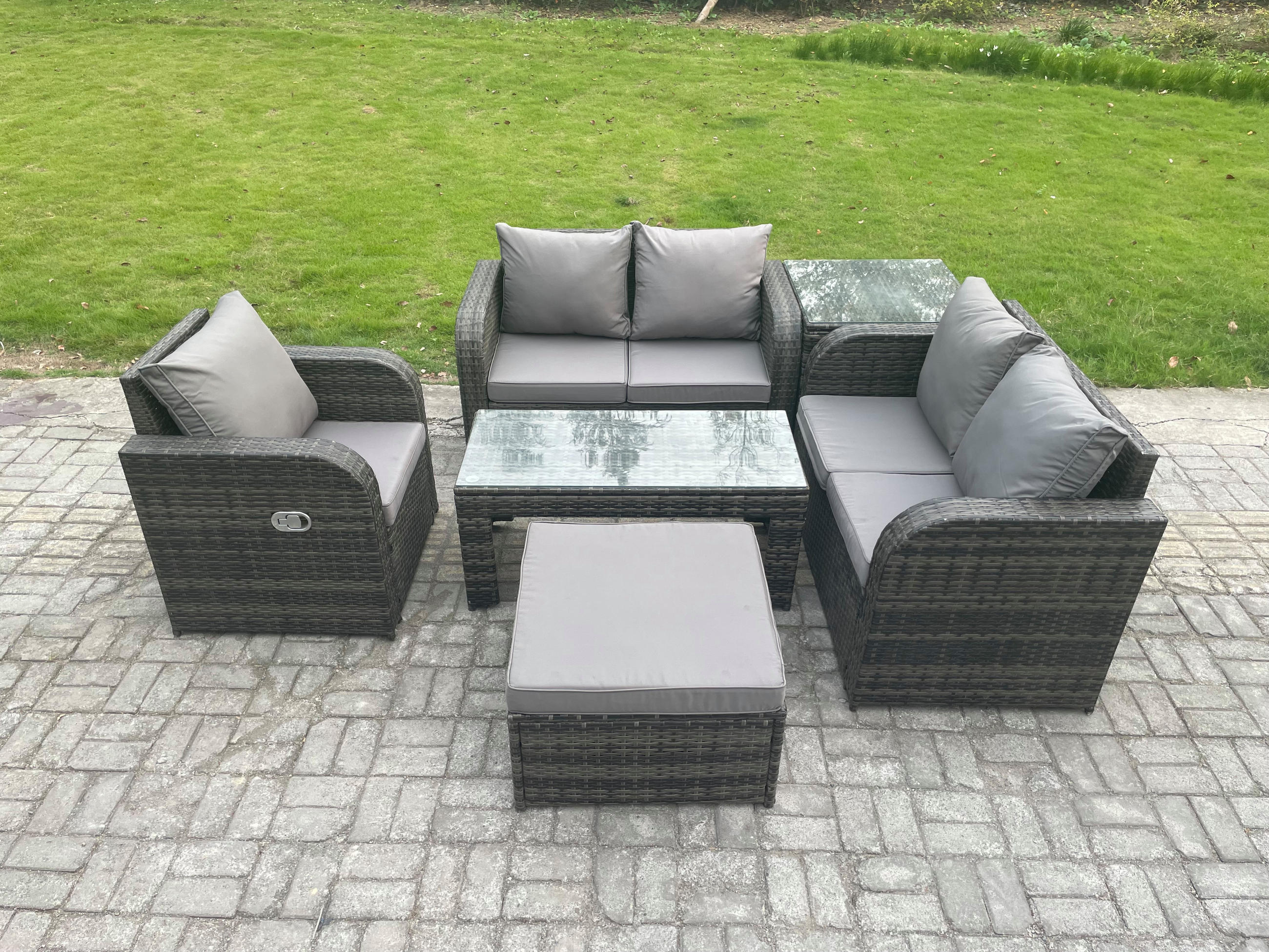 GARTENSOFA SET mit rechteckigem COUCHTISCH Polyrattan 6-Sitzer Dunkelgrau - Dunkelgrau/Grau, Glas/Kunststoff - Fimous