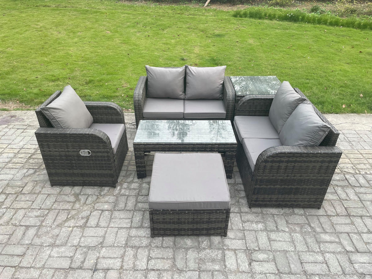 GARTENSOFA SET mit rechteckigem COUCHTISCH Polyrattan 6-Sitzer Dunkelgrau - Dunkelgrau/Grau, Glas/Kunststoff - Fimous