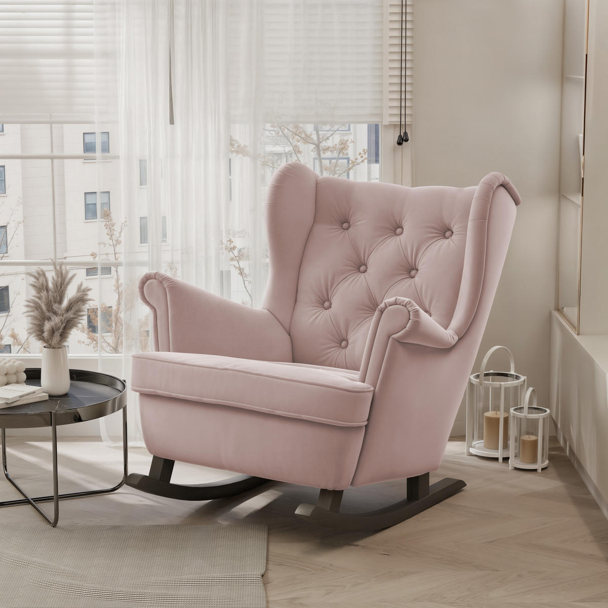 SCHAUKELSESSEL SCANDI Holzfüße, Samt Rosa - Rosa, Holz/Textil (75/97/60cm) - Idohome