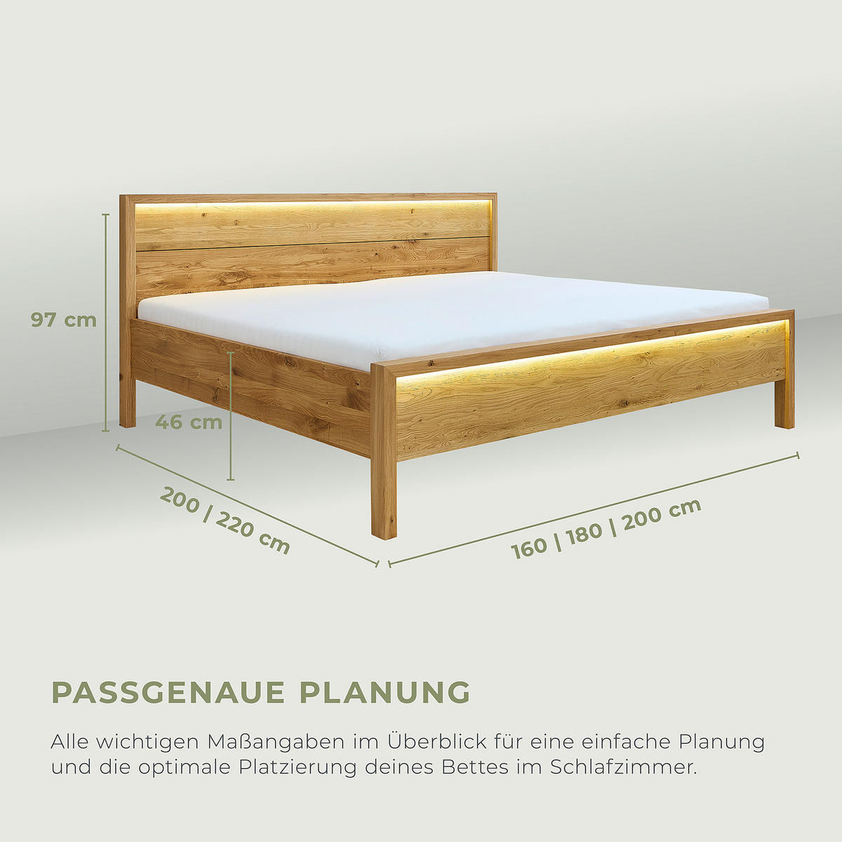MASSIVHOLZBETT - inkl. Beleuchtung - Wildeiche massiv - Eichefarben, Holz (180/200cm) - home24