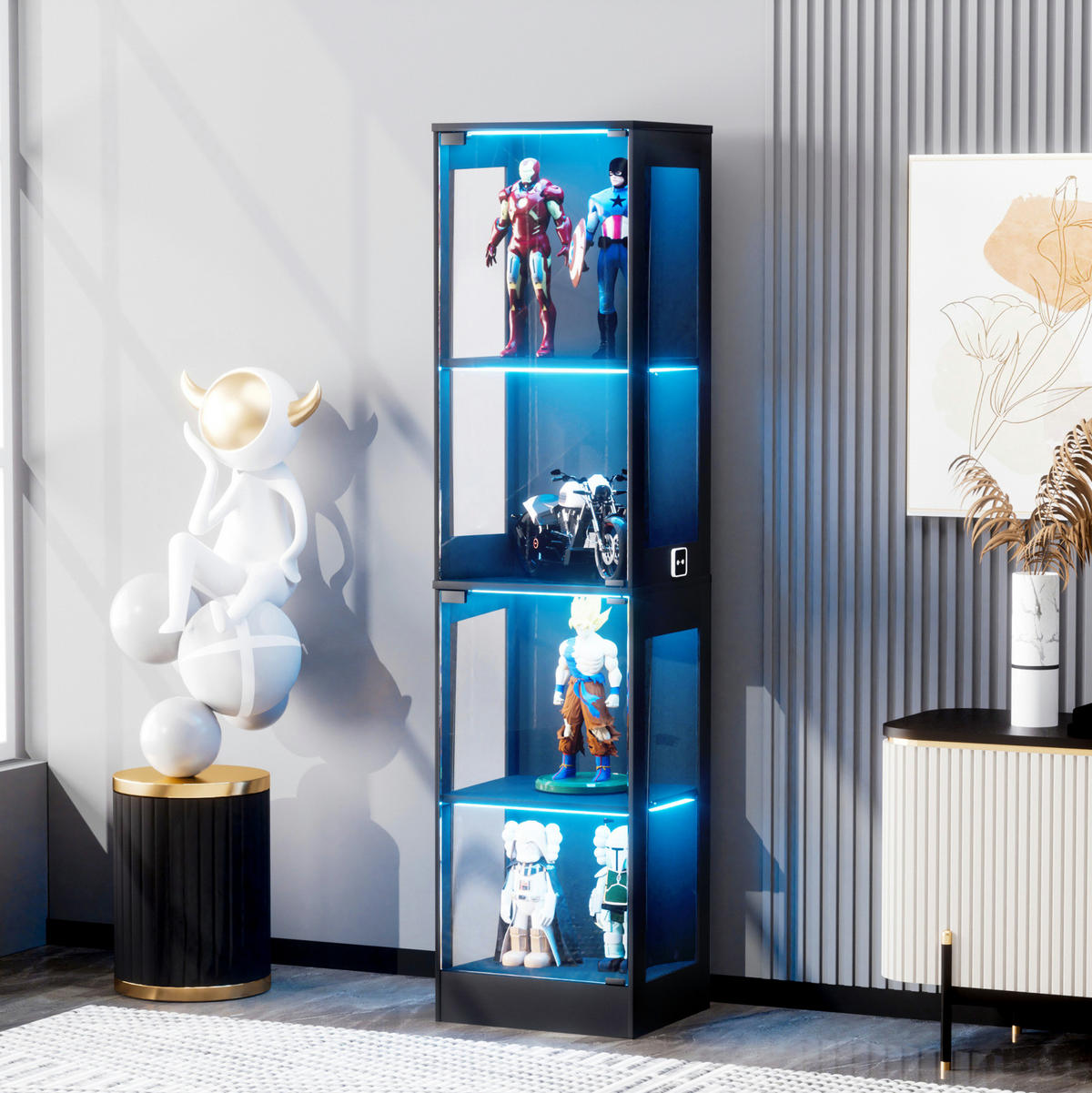 GLASVITRINE aus ABS 40x35x165 cm Akazienholz mit LED-Beleuchtung und Bewegungssensor - Naturfarben, Kunststoff (40/165/35cm) - IVMEU