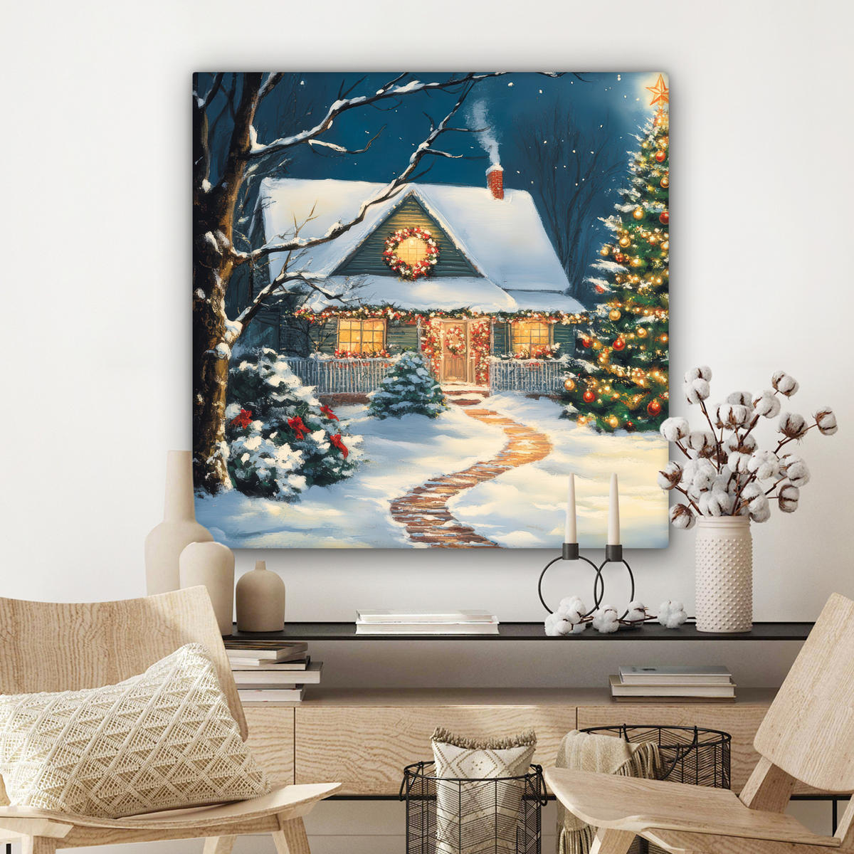 LEINWANDBILD Weihnachten - Weihnachtsbaum - Winter - Zuhause - Schnee Deko Groß 90x90 cm - Smaragdgrün, Textil (90/90cm) - MuchoWow