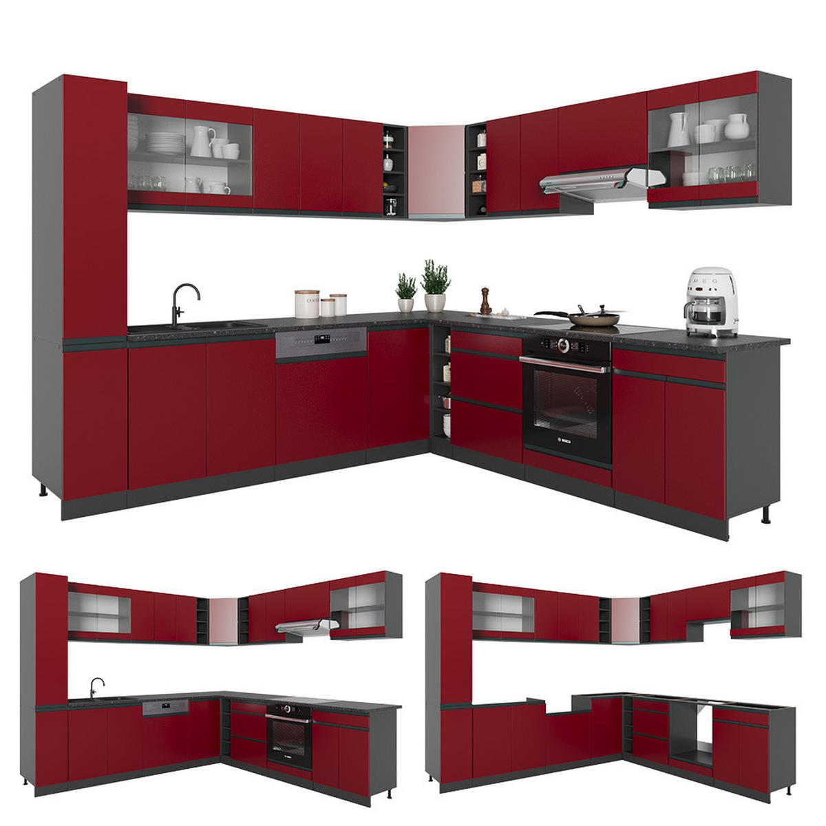 ECKKÜCHE R-Line Rot/Anthrazit 257 x 277 cm J-Shape, AP Eiche - Anthrazit/Rot, Holzwerkstoff (277/81.6/60cm) - Vicco