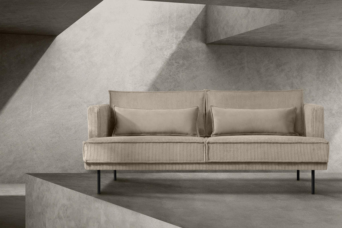3-SITZER-SOFA GANZO 2 Kissen inklusive, Cord-Stoff, beige - Beige/Schwarz, Textil/Metall (193/84/92cm) - KONSIMO®