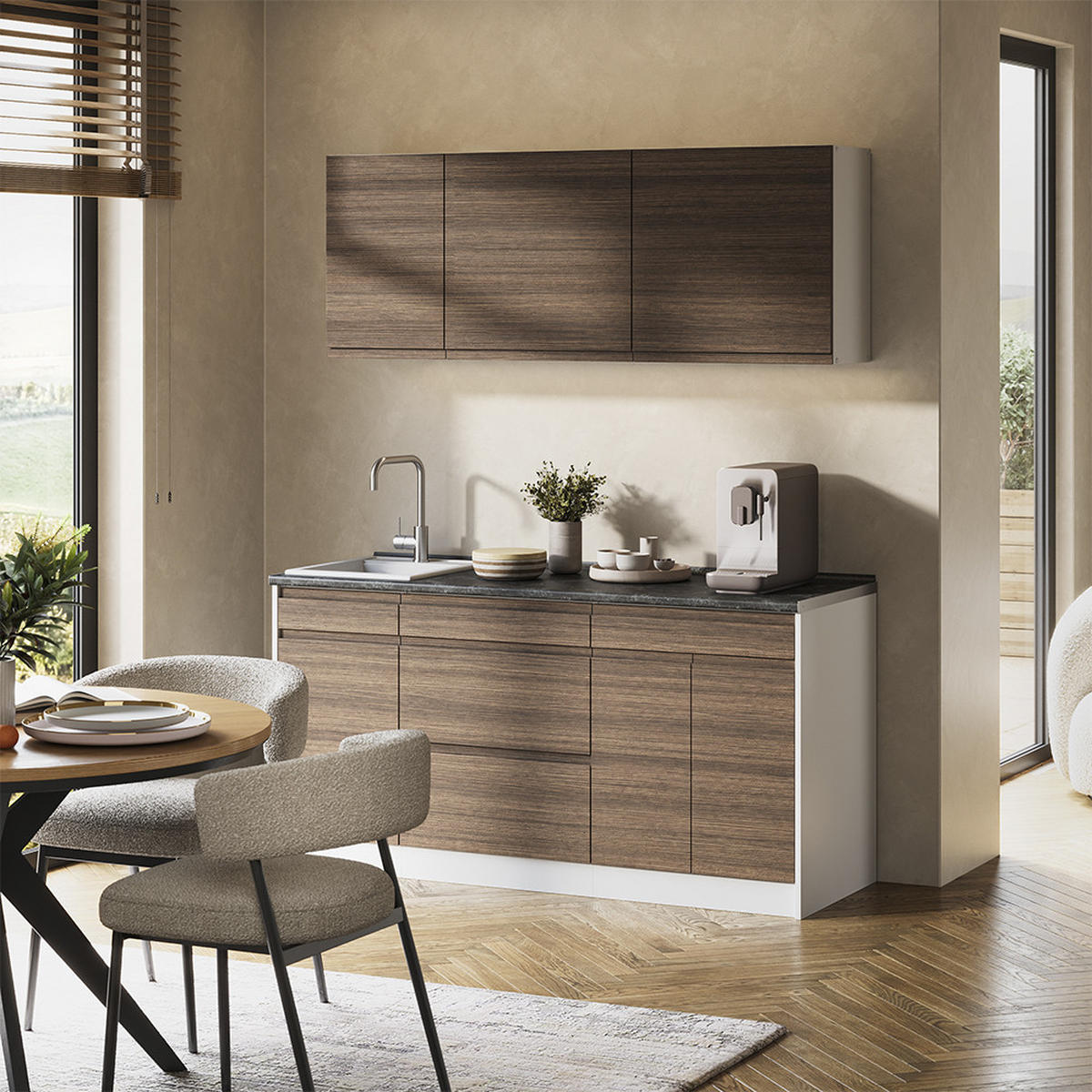 SINGLEKÜCHE R-Line, Tabak-Walnuss/Weiß, 160 cm Arbeitsplatte Satin - Walnussfarben/Weiß, Holzwerkstoff (160/81.6/60cm) - Vicco