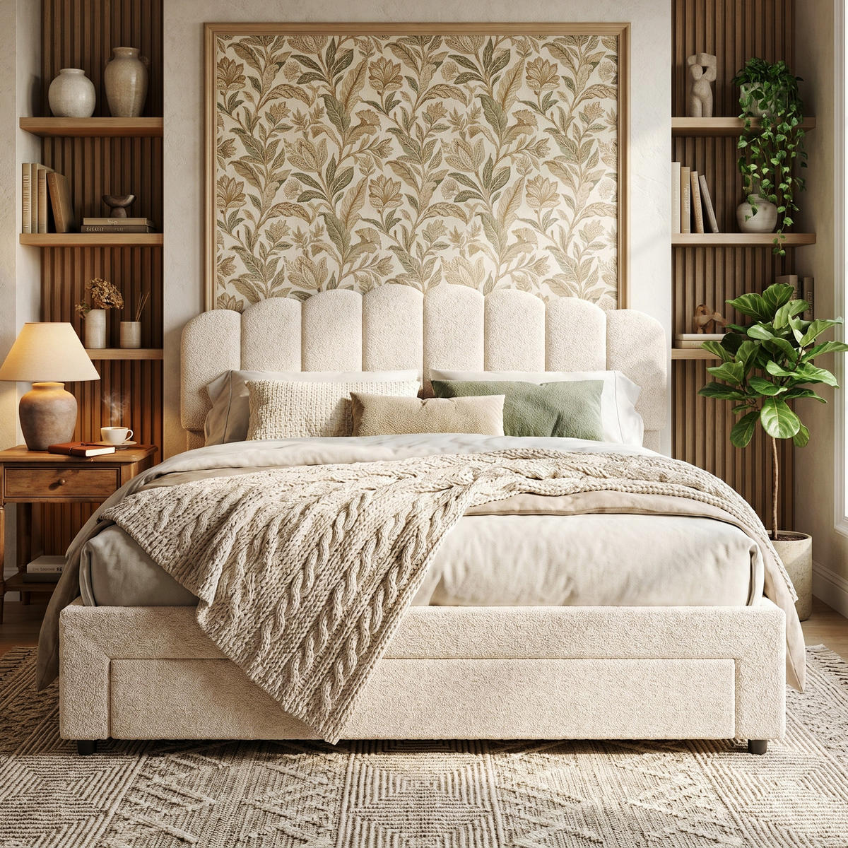 POLSTERBETT Muschel-Design 140/200 cm mit Schubkasten & USB Teddy-Fleece Beige - Beige, Textil (140/200cm) - Creahappy