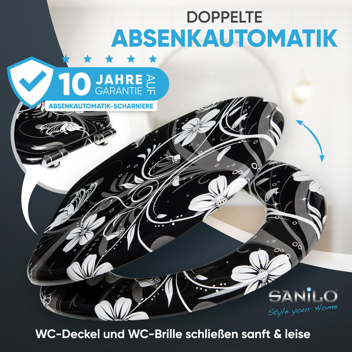 WC-SITZ mit Absenkautomatik White Flower - Schwarz, Holzwerkstoff (38/6/47cm) - Sanilo