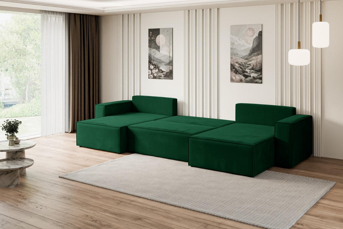 WOHNLANDSCHAFT mit Schlaffunktion und Bettkasten CELTIC-XLU - 377x143x83 cm Grün Velours - Schwarz/Grün, Holzwerkstoff/Kunststoff (377/83/143cm) - ALTDECOR