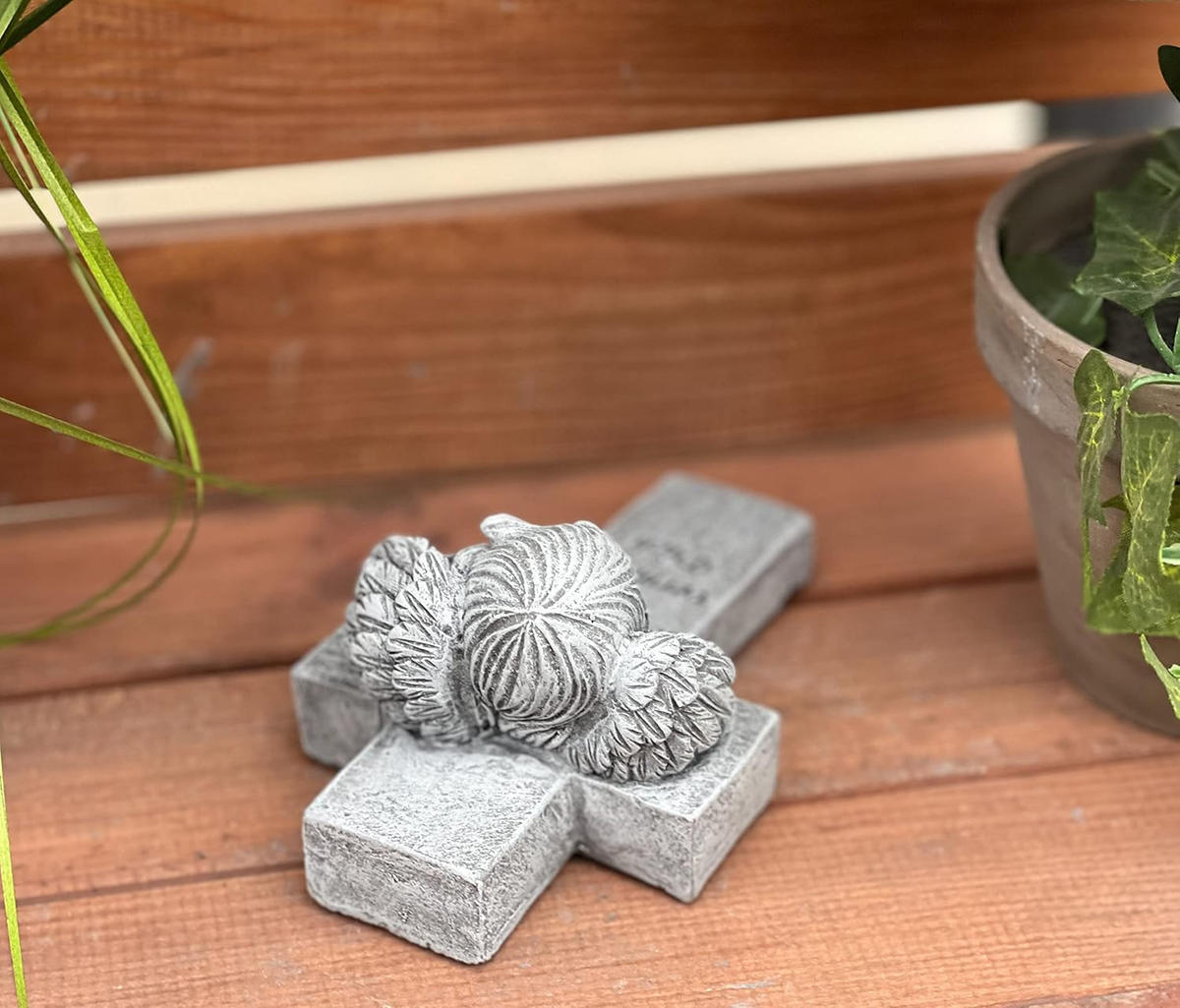 STEINFIGUR Engel Kreuz Ich vermisse Dich Steinguss frostfest massiv - Grau, Stein (9/7/14cm) - stoneandstyle