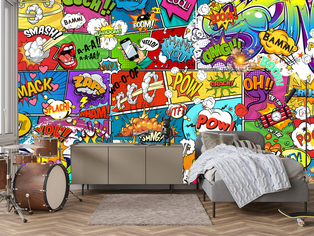 FOTOTAPETA Pre Študentskú Izbu Komiks Farebné Texty Dym Pery 300 x 210 cm - lila/oranžová, papier (300/210cm) - Muralo