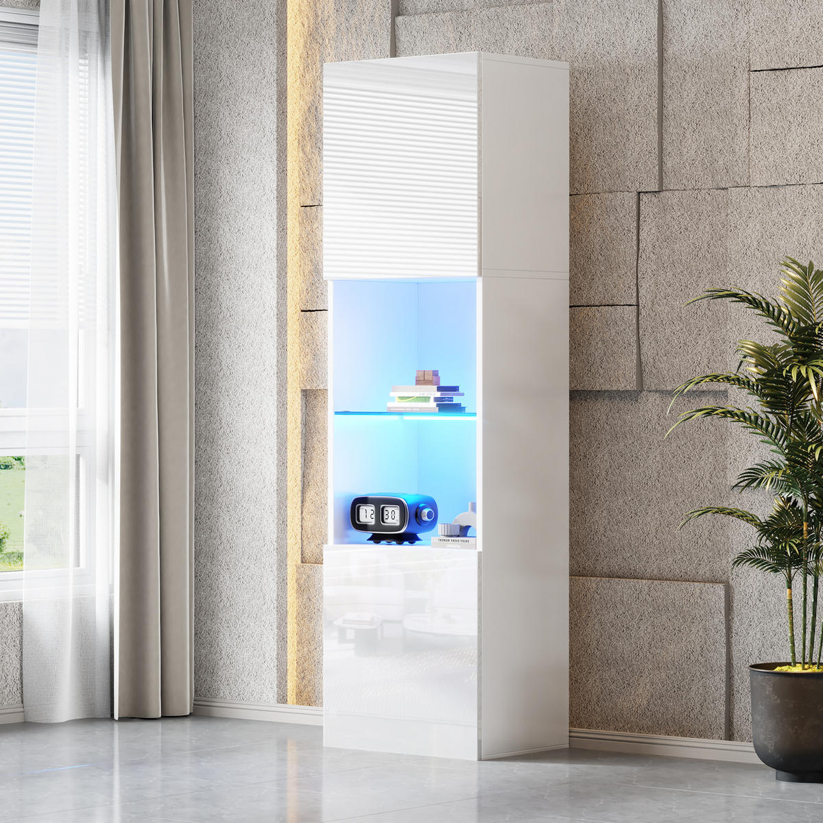 HOCHGLANZ-VITRINENSCHRANK aus Spanplatte 35x45x160 cm Weiß mit LED-Beleuchtung und Glasboden - Weiß, Holzwerkstoff (45/160/35cm) - IVMEU
