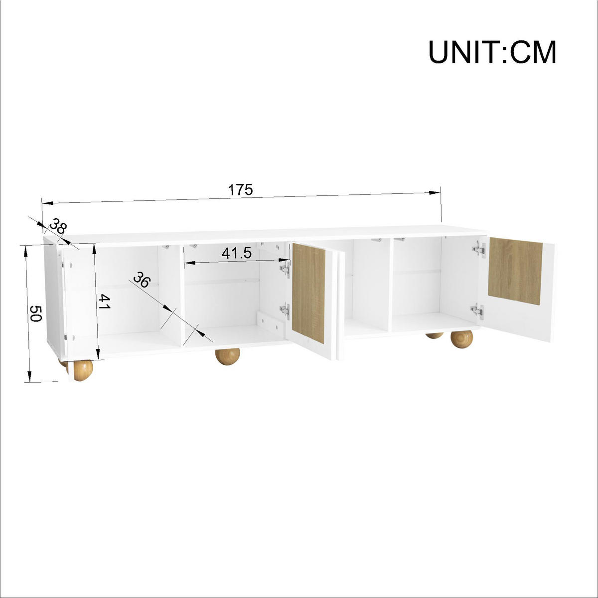 LOWBOARD in Naturfarben und Weiß TV-Schrank mit vier Türen für Wohnzimmer, B175/T38/H50 cm - Naturfarben/Weiß, Holzwerkstoff/Metall (175/50/38cm) - STILVORA