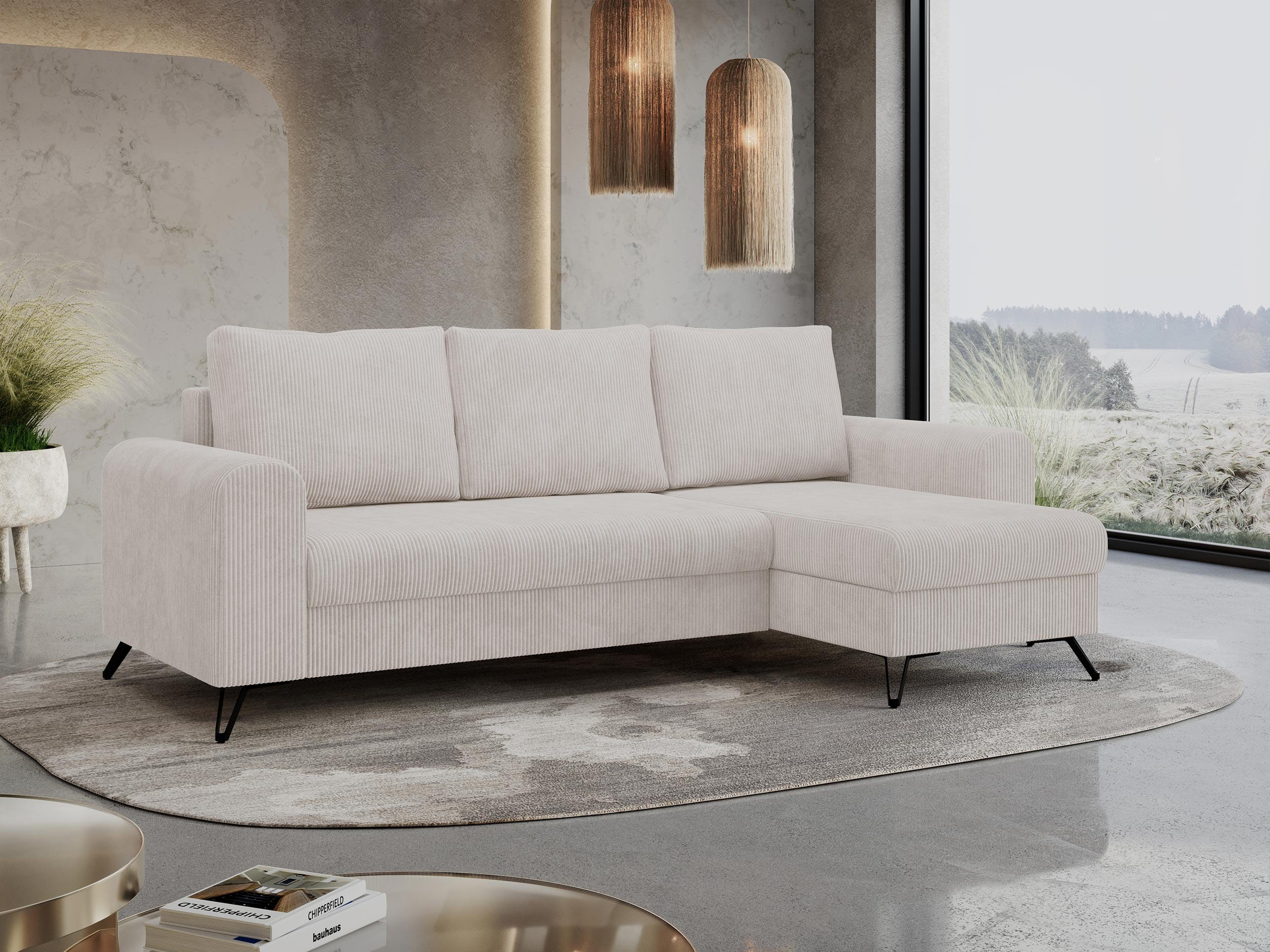 ECKSOFA Hugo Cord Weiß - Schwarz/Weiß, Textil/Metall (242/140cm) - MKS