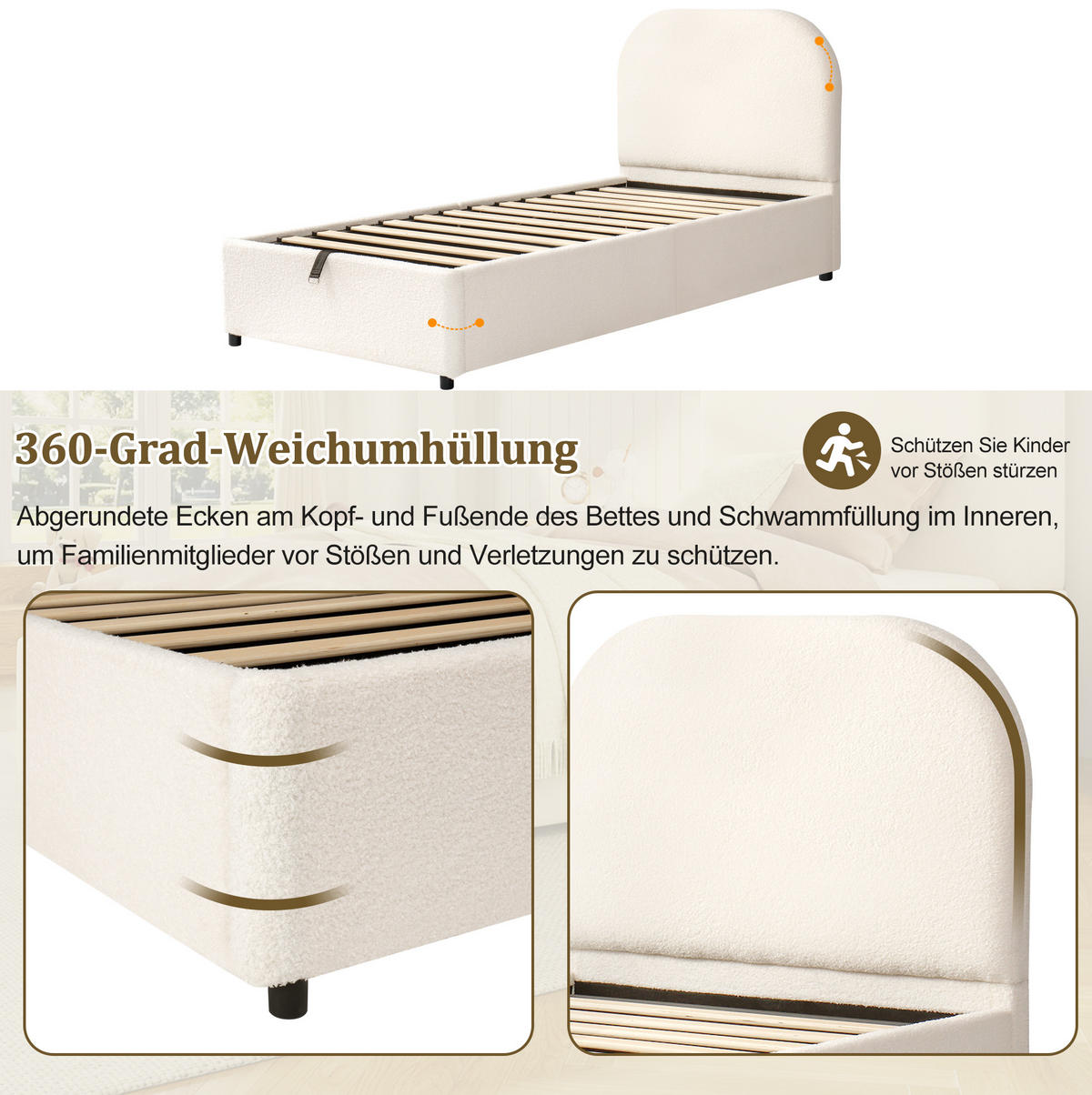 KINDERBETT 90/200 cm aus Bouclé mit hydraulischem Stauraum Beige - Beige, Holzwerkstoff (90/200cm) - Modenvie