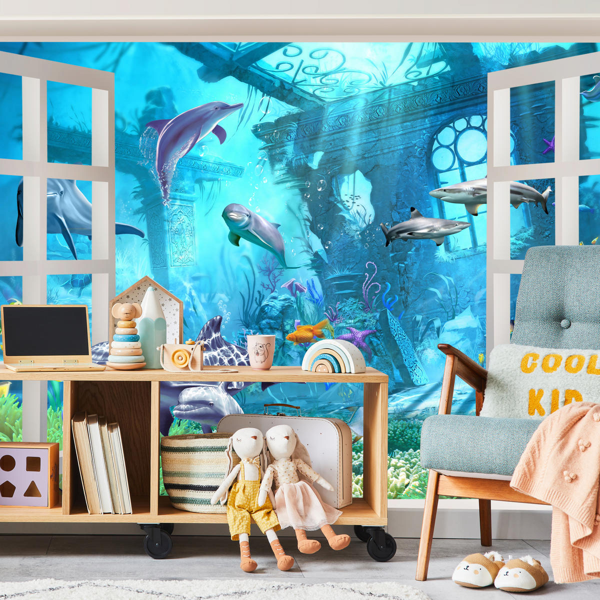 FOTOTAPETE für Schlafzimmer Fenster Unterwasserwelt Delfine Riff 300x210 - Blau/Weiß, Papier (300/210cm) - Muralo