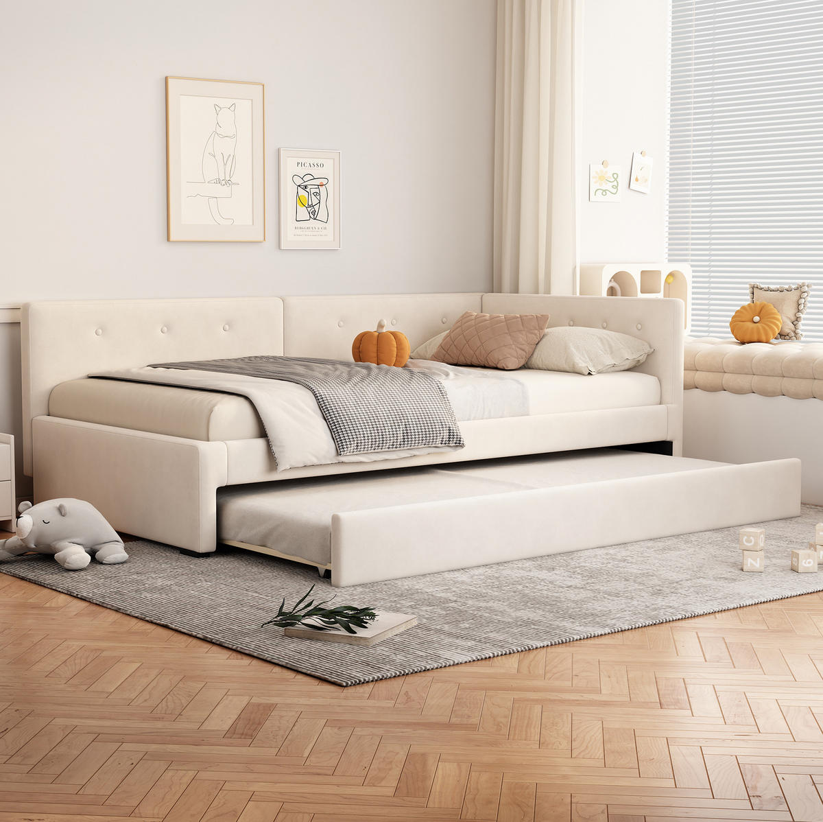 DENNÁ posteľ 90/200 cm béžová s výsuvným lôžkom zo zamatu a MDF - béžová, textil (90/200cm) - OKWISH