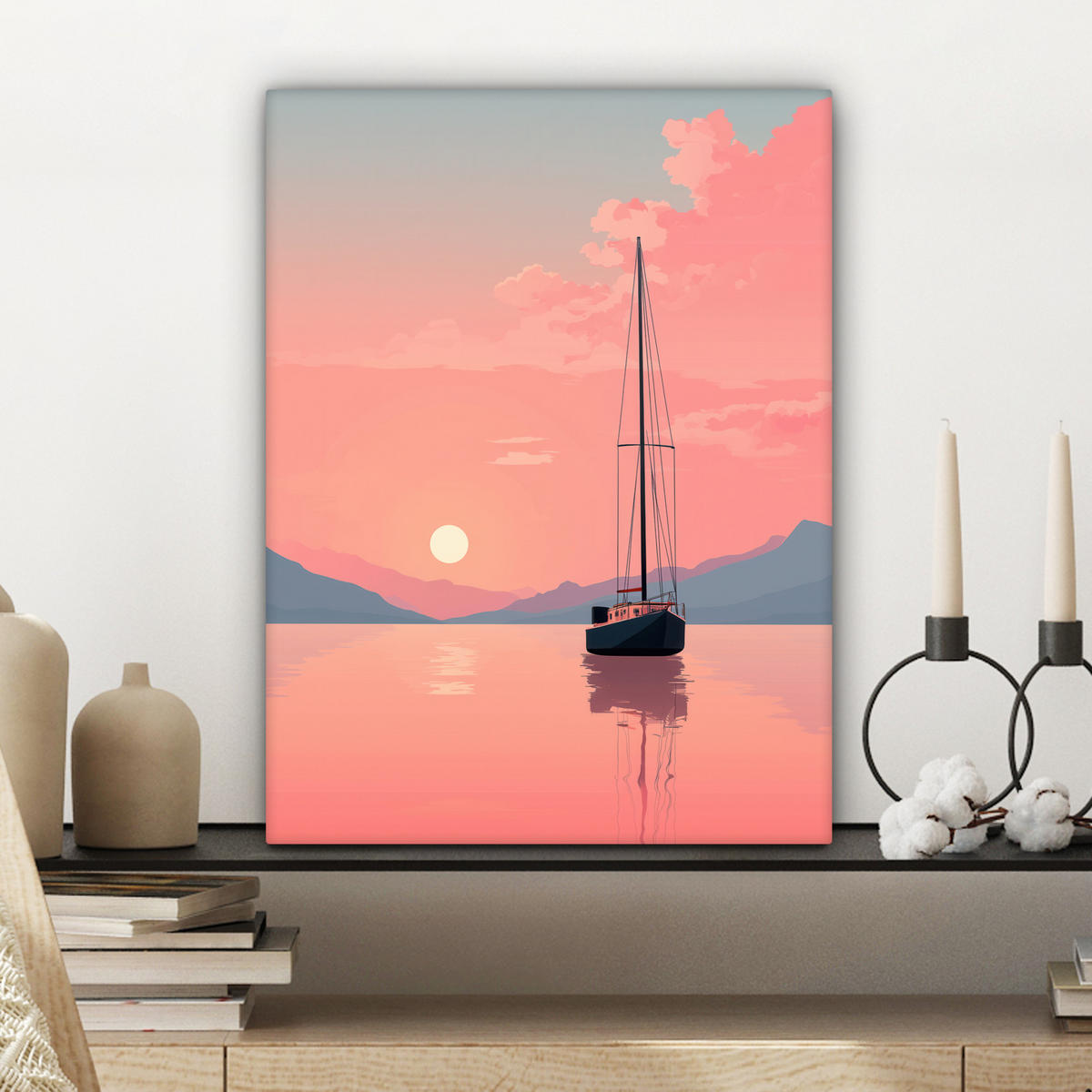 LEINWANDBILD Segelboot - Rosa Meer - Sonnenuntergang - Berge Room Decor 30x40 cm - Rosa, Textil (30/40cm) - MuchoWow