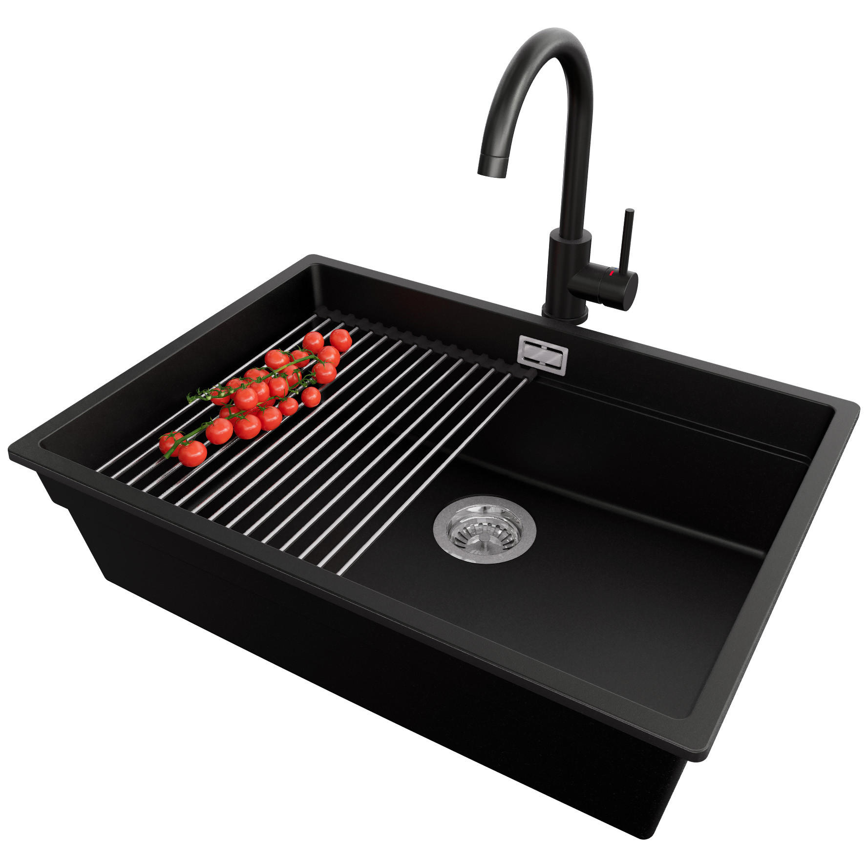 UNTERBAUSPÜLE GRANIT Praga, 2-er set Schwarz 66/47 cm 1 Becken + Küchenarmatur 32/20 cm + Ablauf-Set + Aufrollbare Abtropffläche ab 70er Unterschrank - Chromfarben/Schwarz, Kunststoff (66/20/47cm) - Primagran