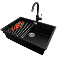 UNTERBAUSPÜLE GRANIT Praga, 2-er set Schwarz 66/47 cm 1 Becken + Küchenarmatur 32/20 cm + Ablauf-Set + Aufrollbare Abtropffläche ab 70er Unterschrank - Chromfarben/Schwarz, Kunststoff (66/20/47cm) - Primagran