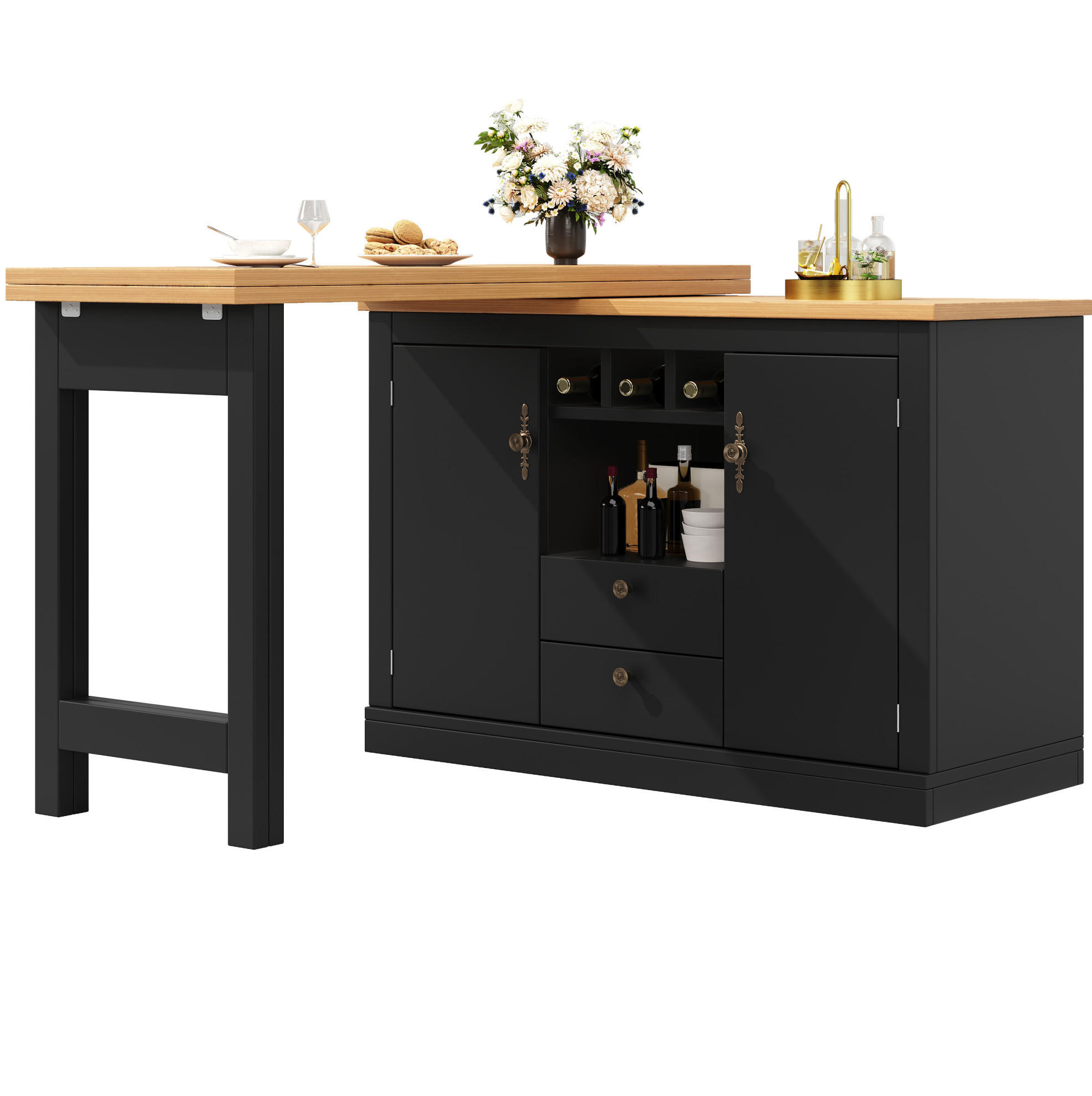 Modfu BAROVÝ stůl z MDF 120-180x40x76 cm černá/přírodní otočný s úložným prostorem a výsuvnou deskou