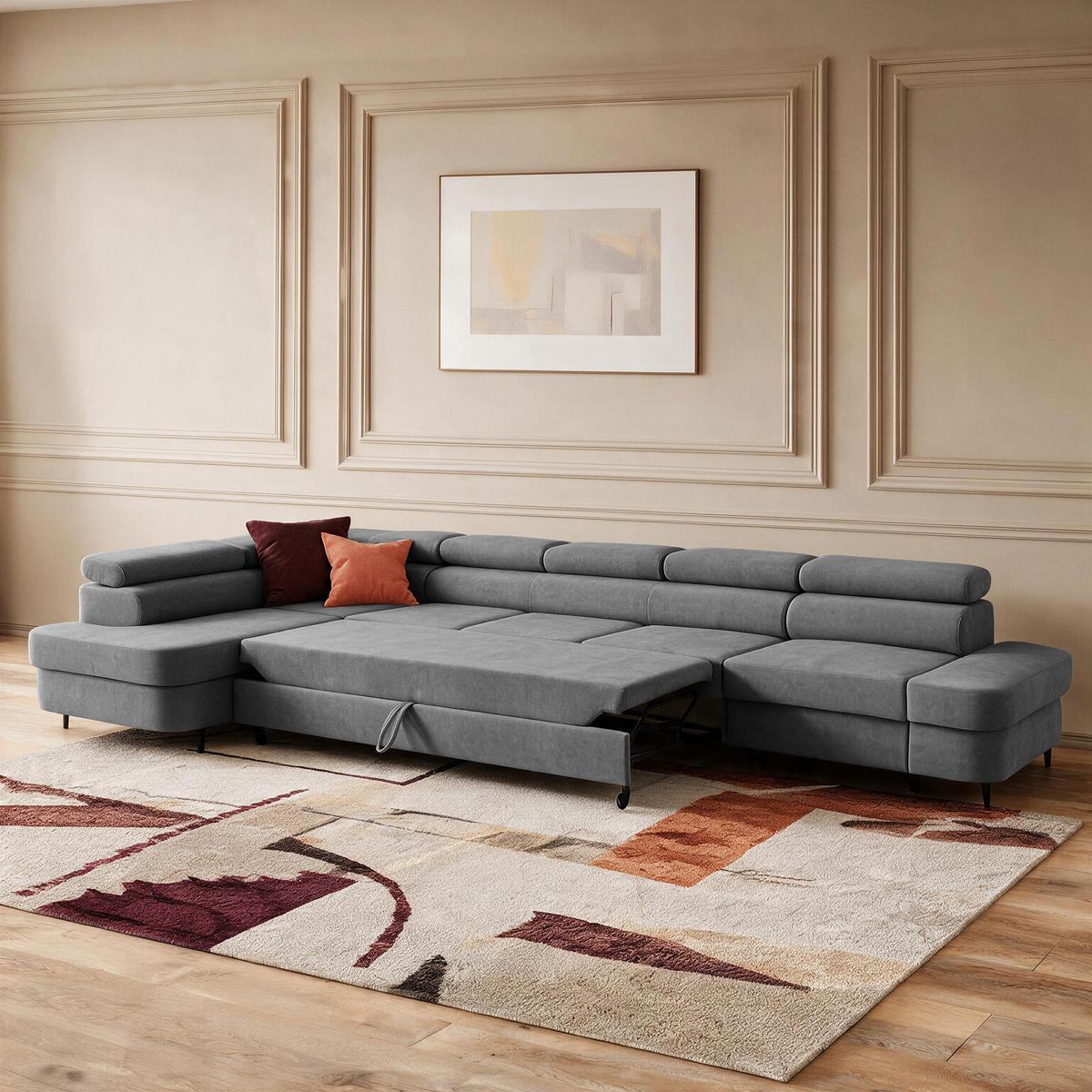 ECKSOFA PRIAM XXL L-Form Links mit Schlaffunktion 125x265 Velours Grau - Schwarz/Grau, Holz/Textil (203/420cm) - Muffo