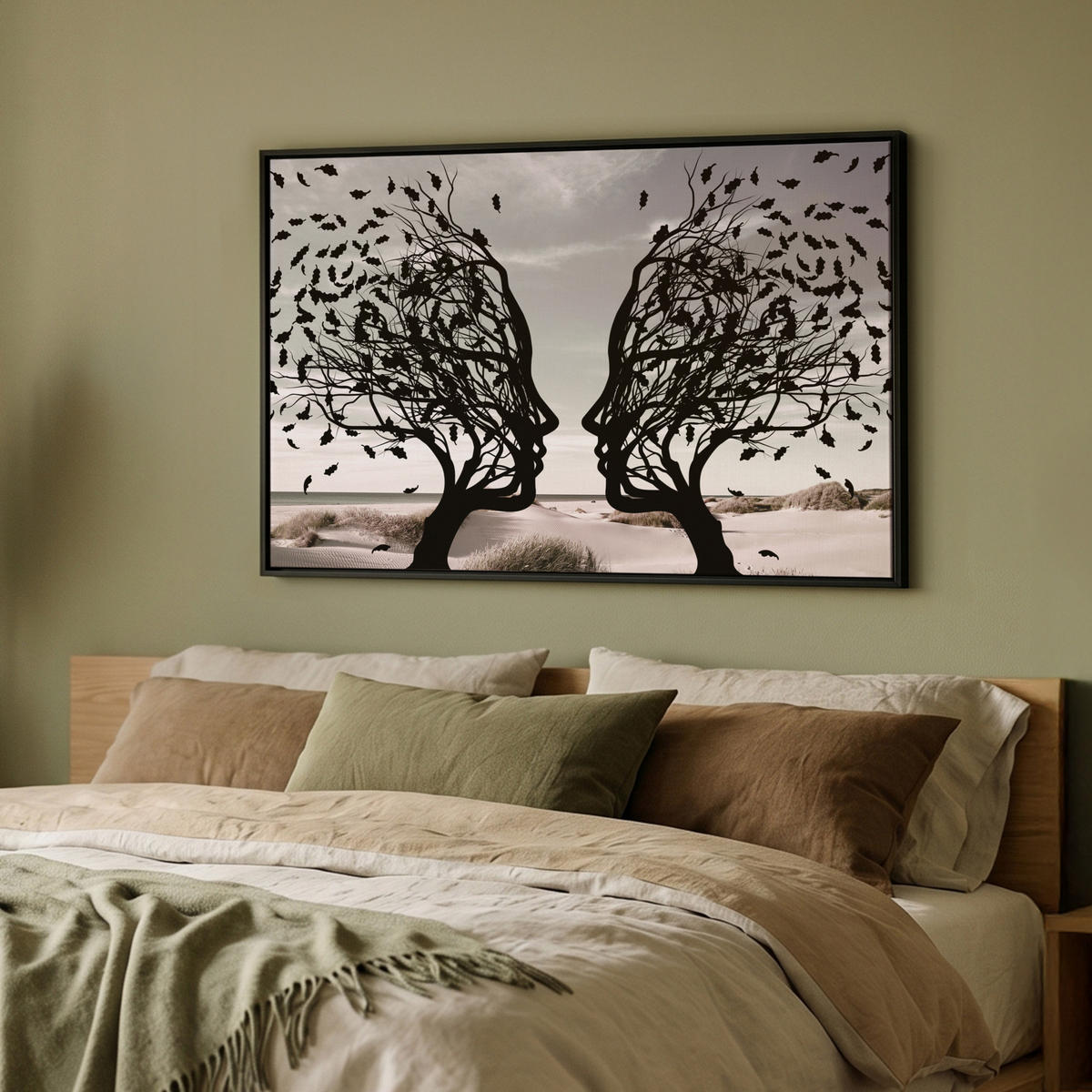 LEINWAND Bilder mit Rahmen - Strand - Meer - Menschen - Baum - Moderne Kunst - 90x60 - Hellgrau, Textil (90/60cm) - MuchoWow