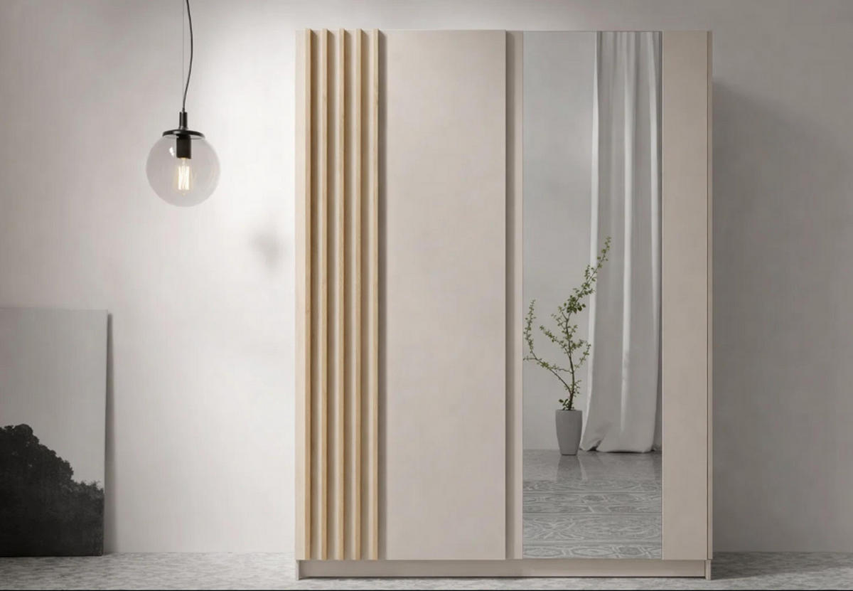 KLEIDERSCHRANK Beralto Beige 150/198,5/63,5 cm – mit Spiegel und Lamellenfront - Beige, Holzwerkstoff (150/198.5/63.5cm) - AX Living