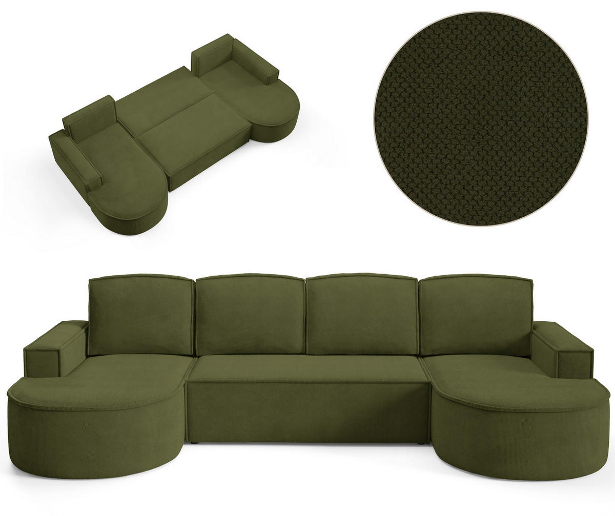 ECKSOFA MOLLY U Freistehendes, mit Schlaffunktion, 140x273cm, Bettkasten und Abnehmbaren Kissen – 316x157x88cm, Curio Stoff, Grün - Waldgrün, Holz/Textil (316/157cm) - DomoHome
