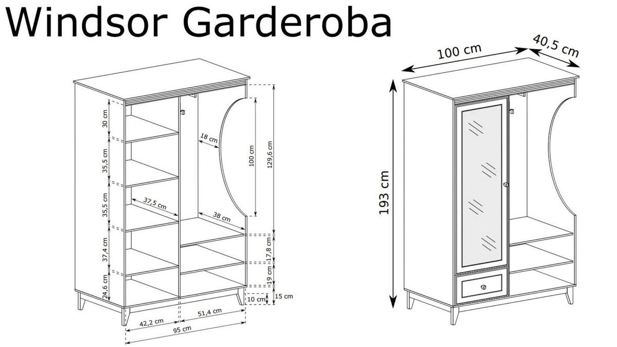 GARDEROBE Windsor Kaschmir, Eintürige mit Schublade und Spiegel - Kaschmir, Holzwerkstoff (100/193/41cm) - Bettso