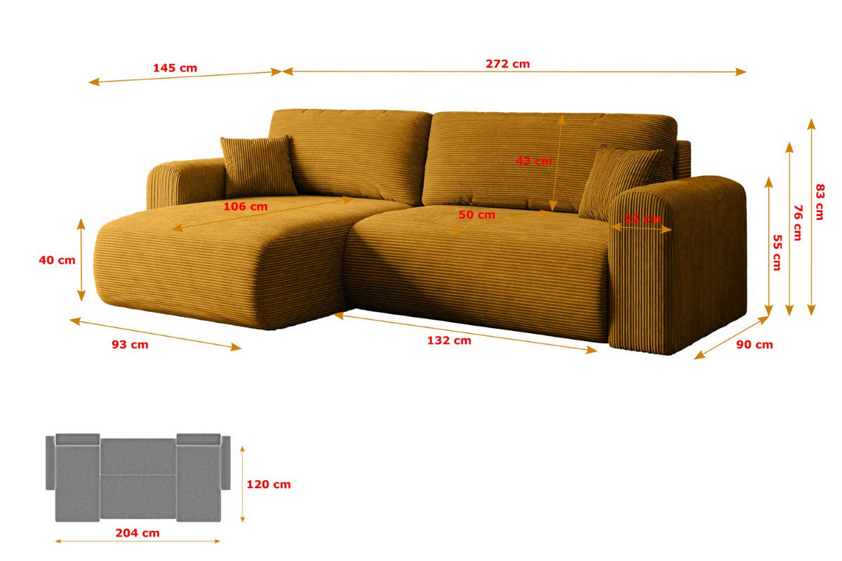 ECKSOFA mit Schlaffunktion und Bettkasten ORRO-L - 272x145x83 cm Senfgelb Cord - Gelb/Schwarz, Holzwerkstoff/Kunststoff (272/145cm) - ALTDECOR
